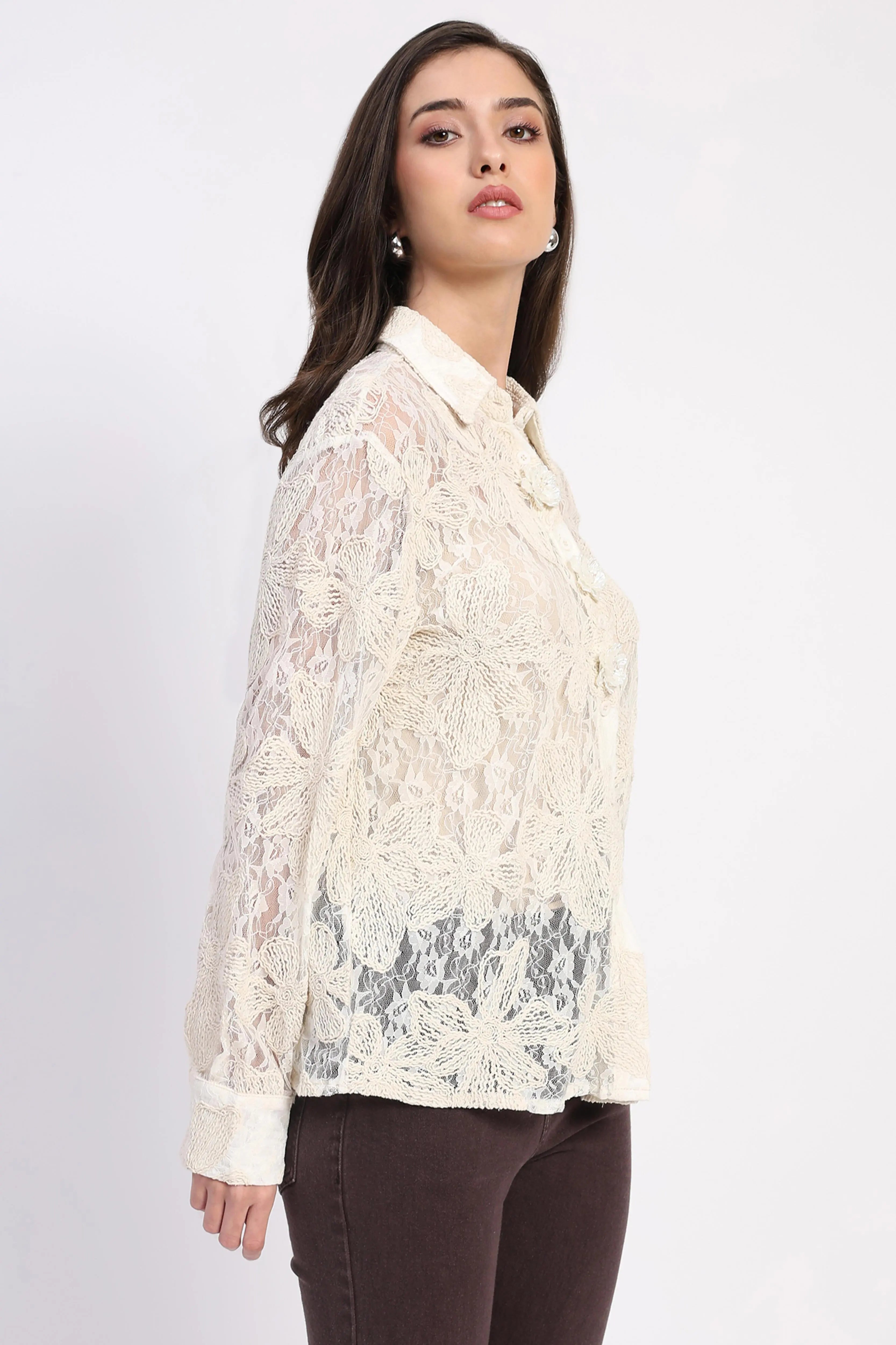 Off-White Sheer Lace Embroidered Shirt - Global Republic
