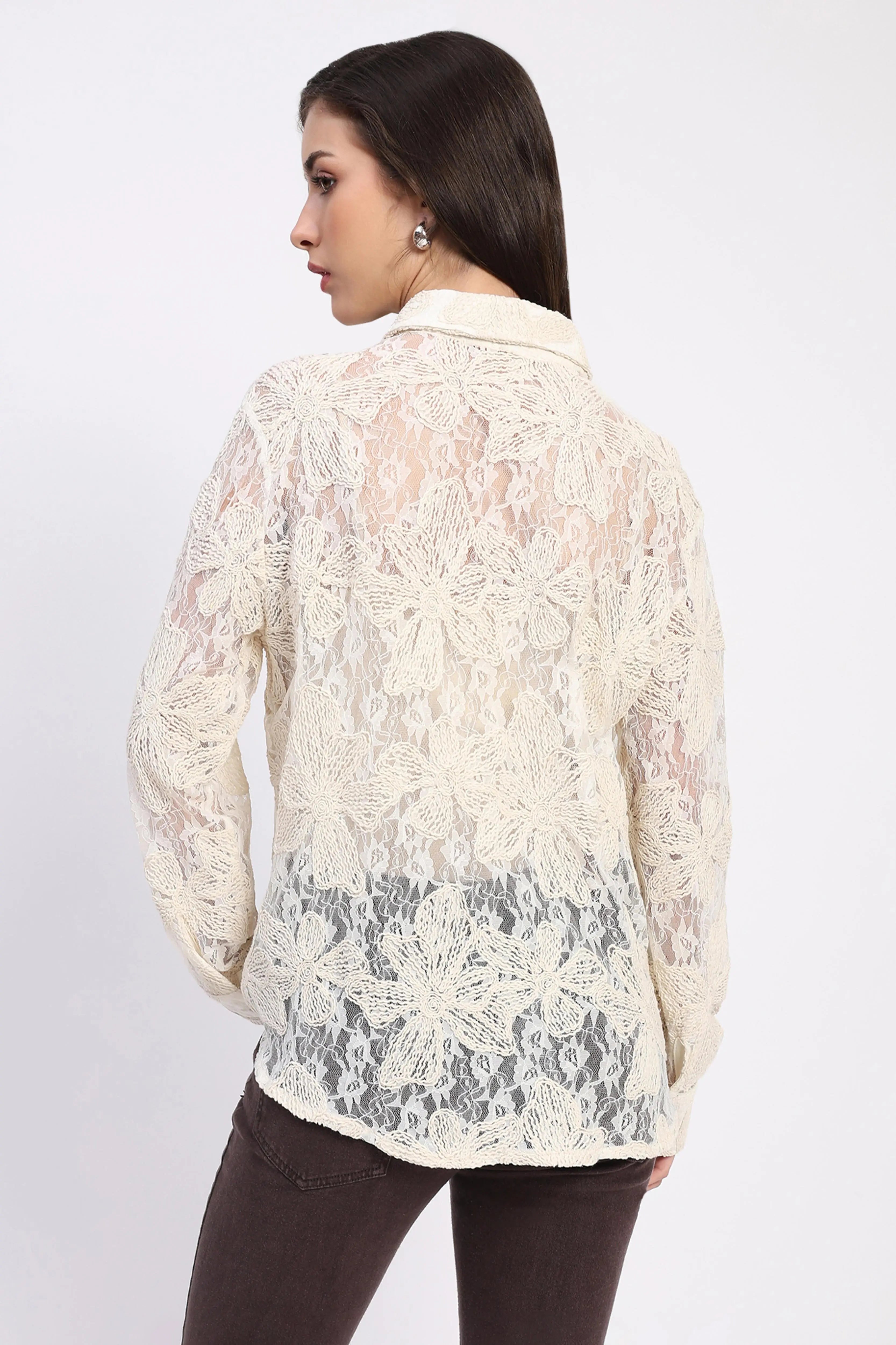 Off-White Sheer Lace Embroidered Shirt - Global Republic