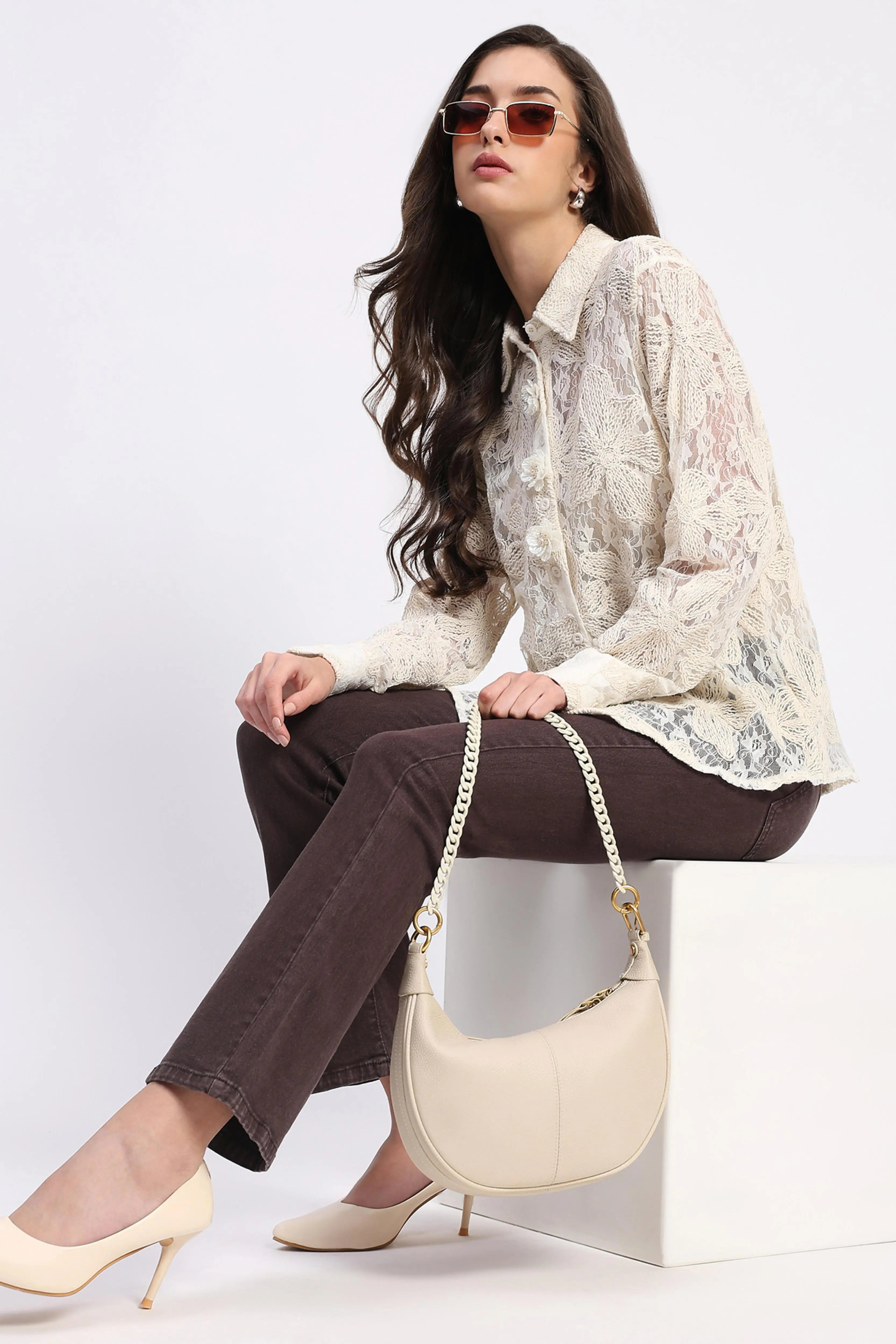 Off-White Sheer Lace Embroidered Shirt - Global Republic