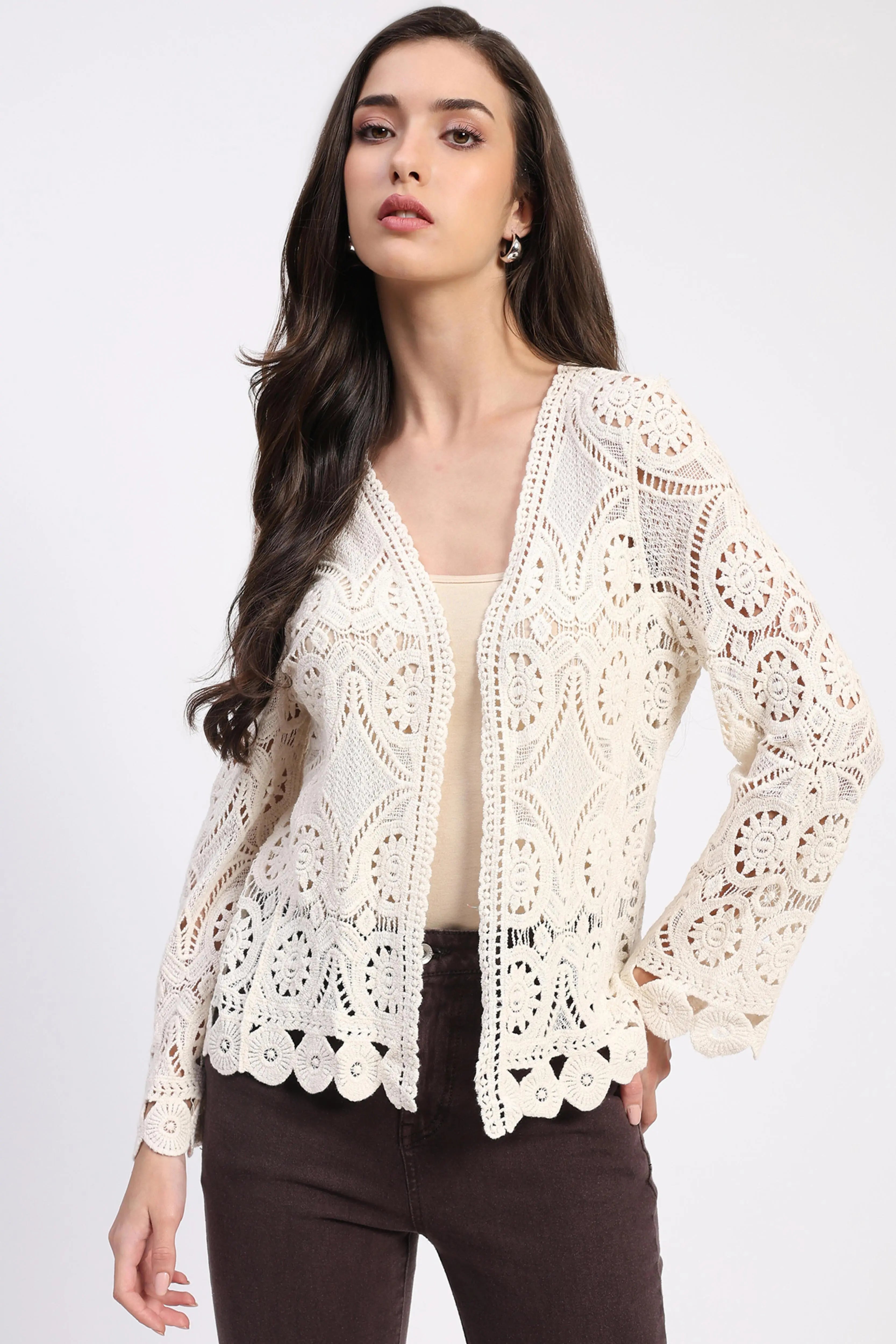 Beige Cotton Crochet Shrug - Global Republic