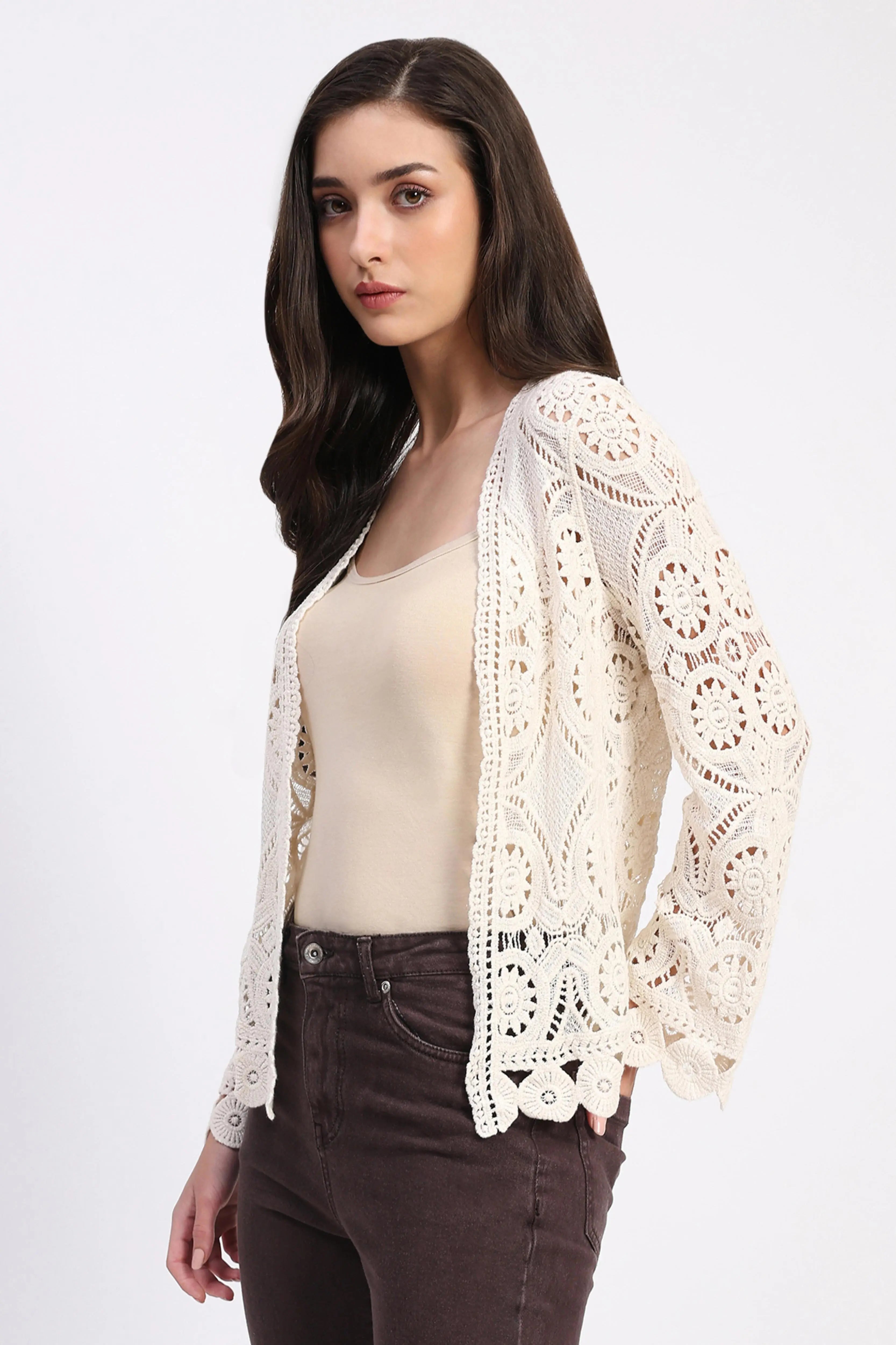 Beige Cotton Crochet Shrug - Global Republic