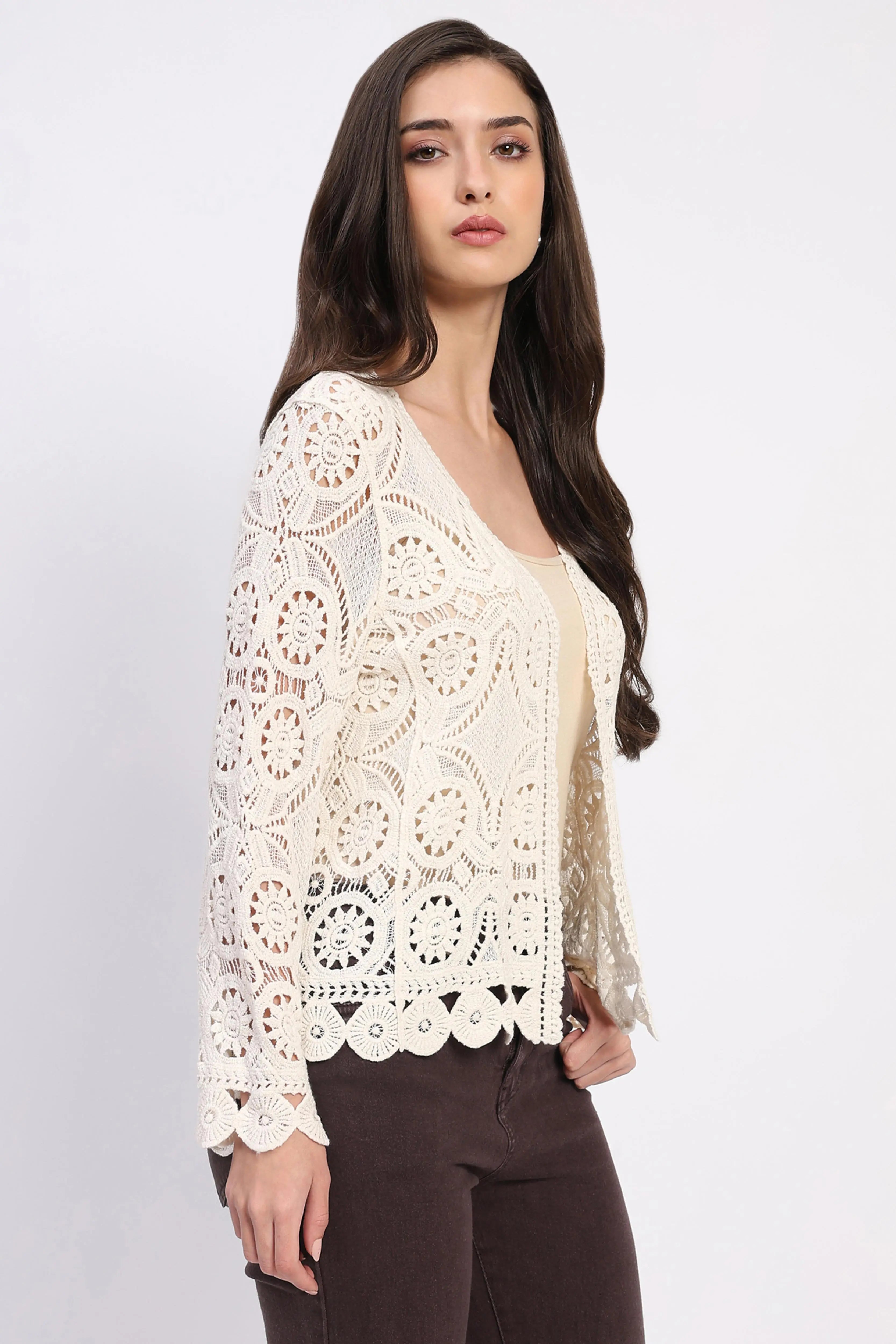 Beige Cotton Crochet Shrug - Global Republic