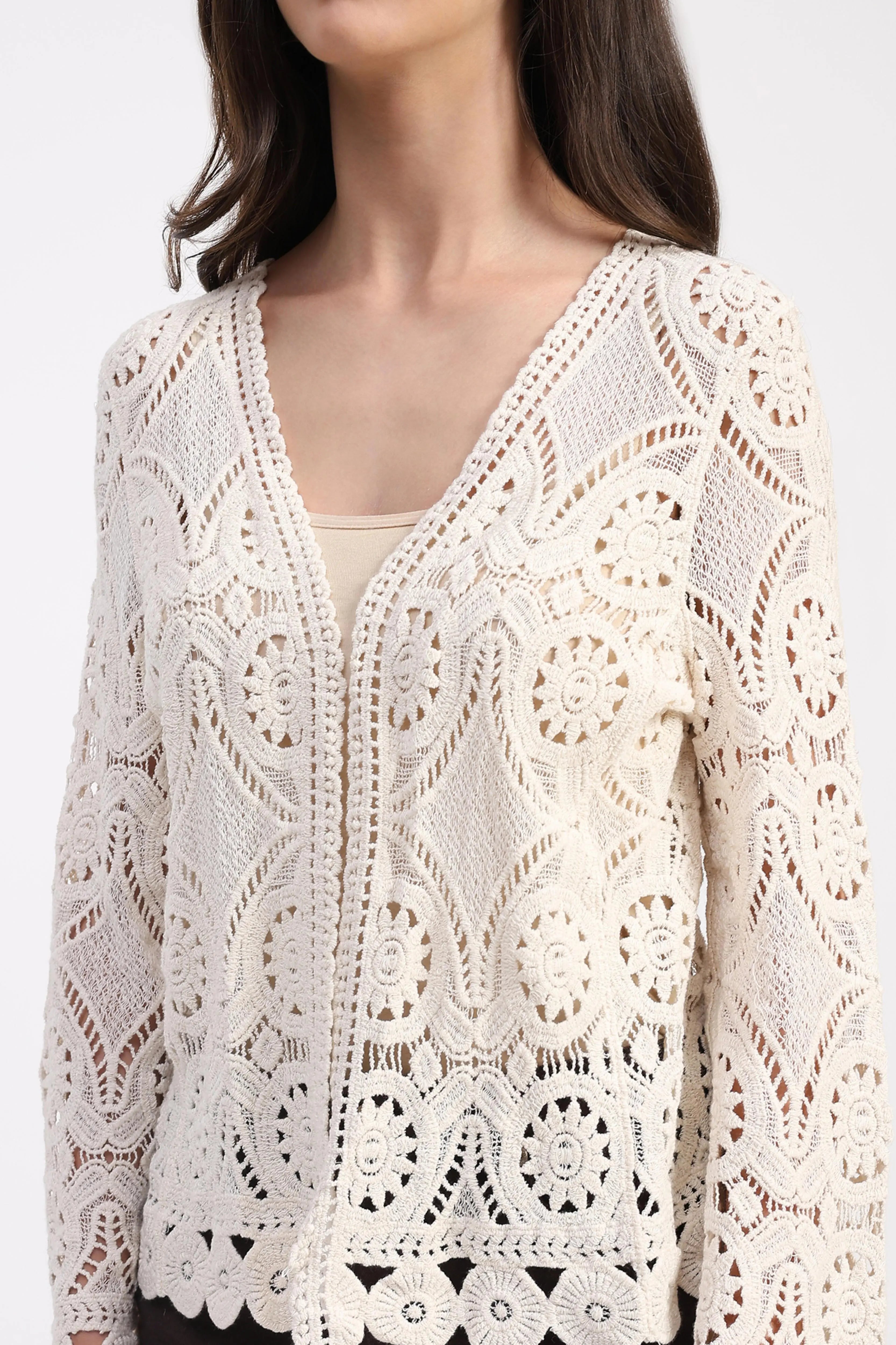 Beige Cotton Crochet Shrug - Global Republic