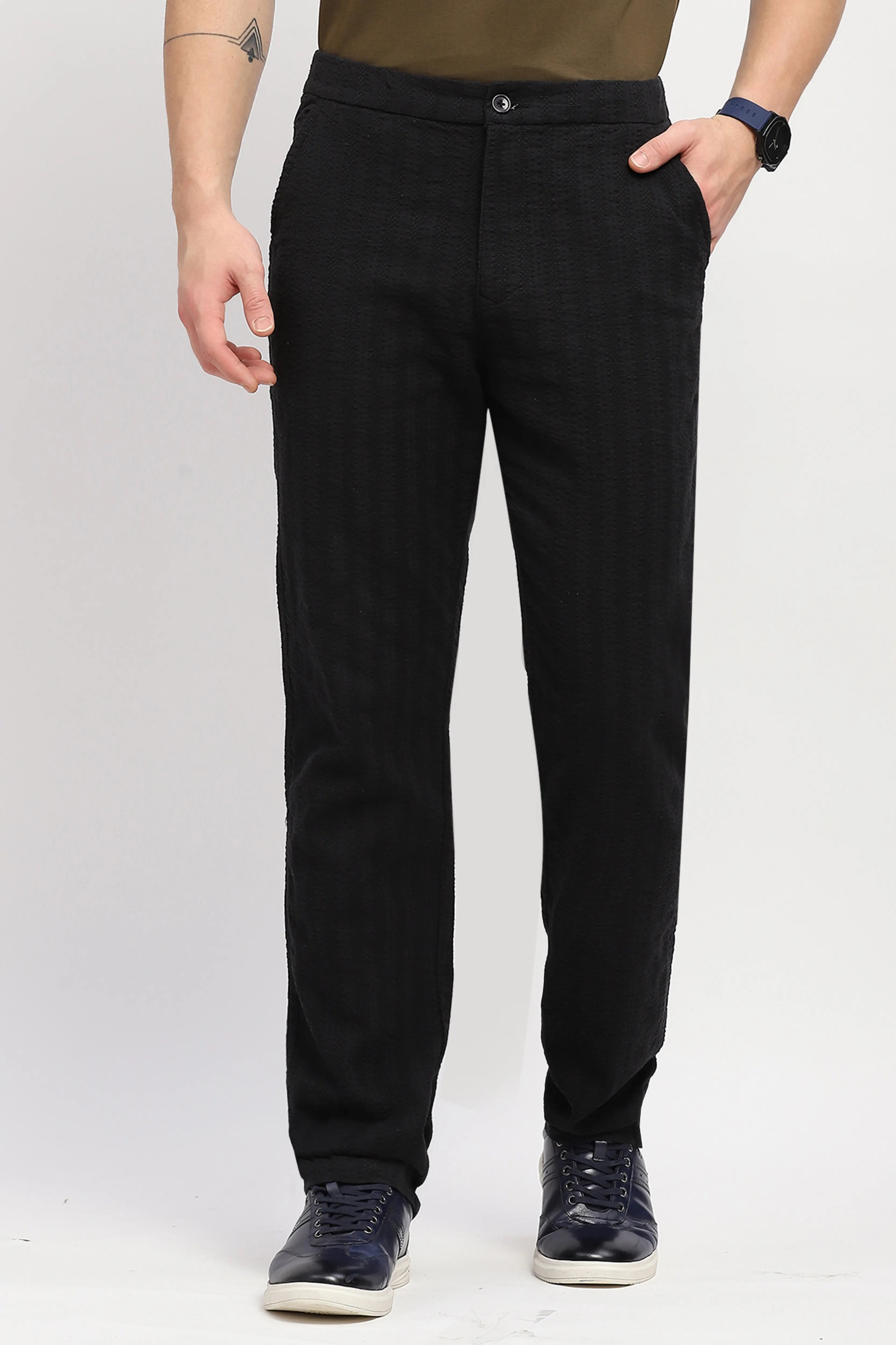 Black Self-Striped Cotton Trousers