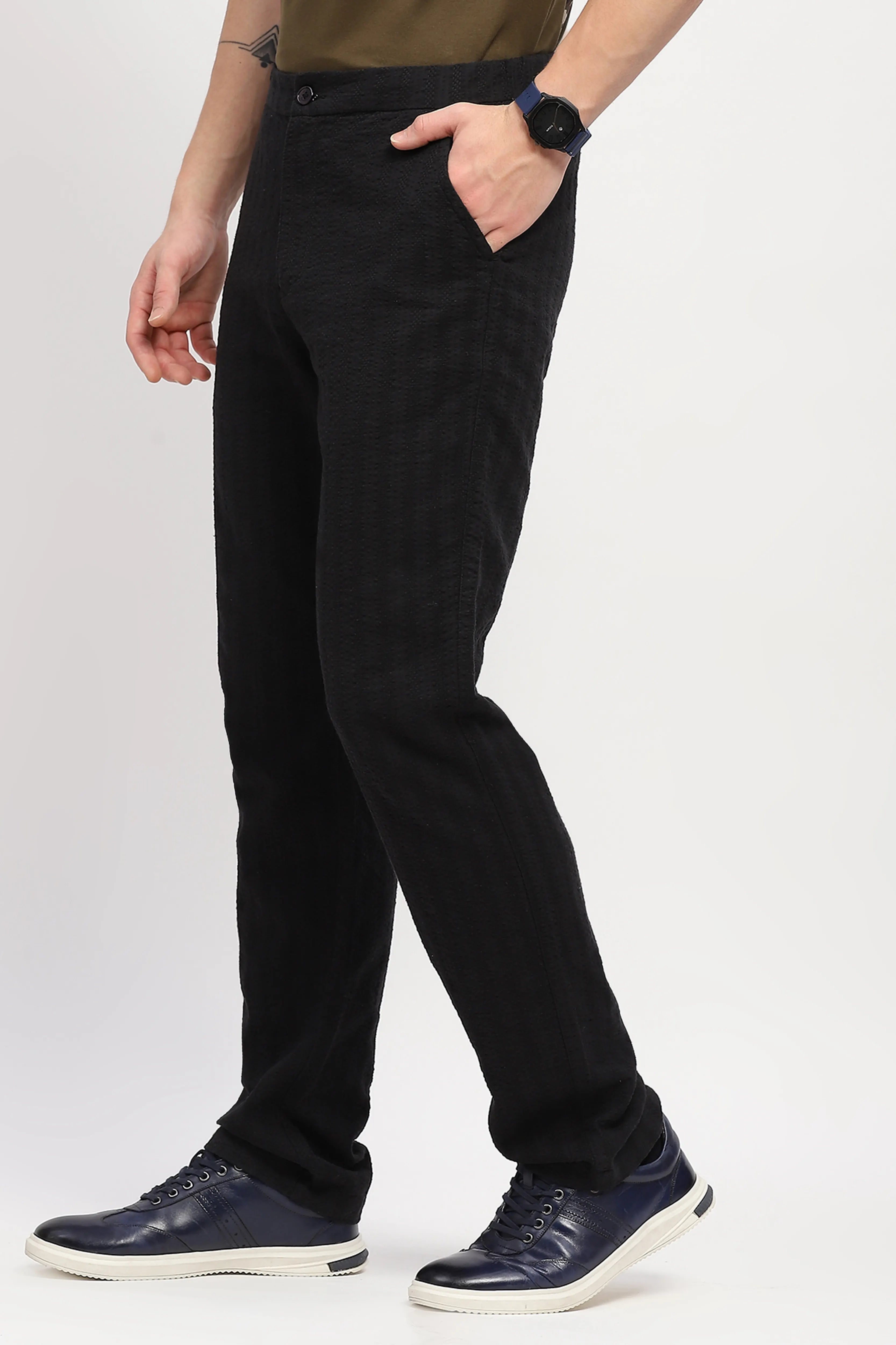 Black Self-Striped Cotton Trousers