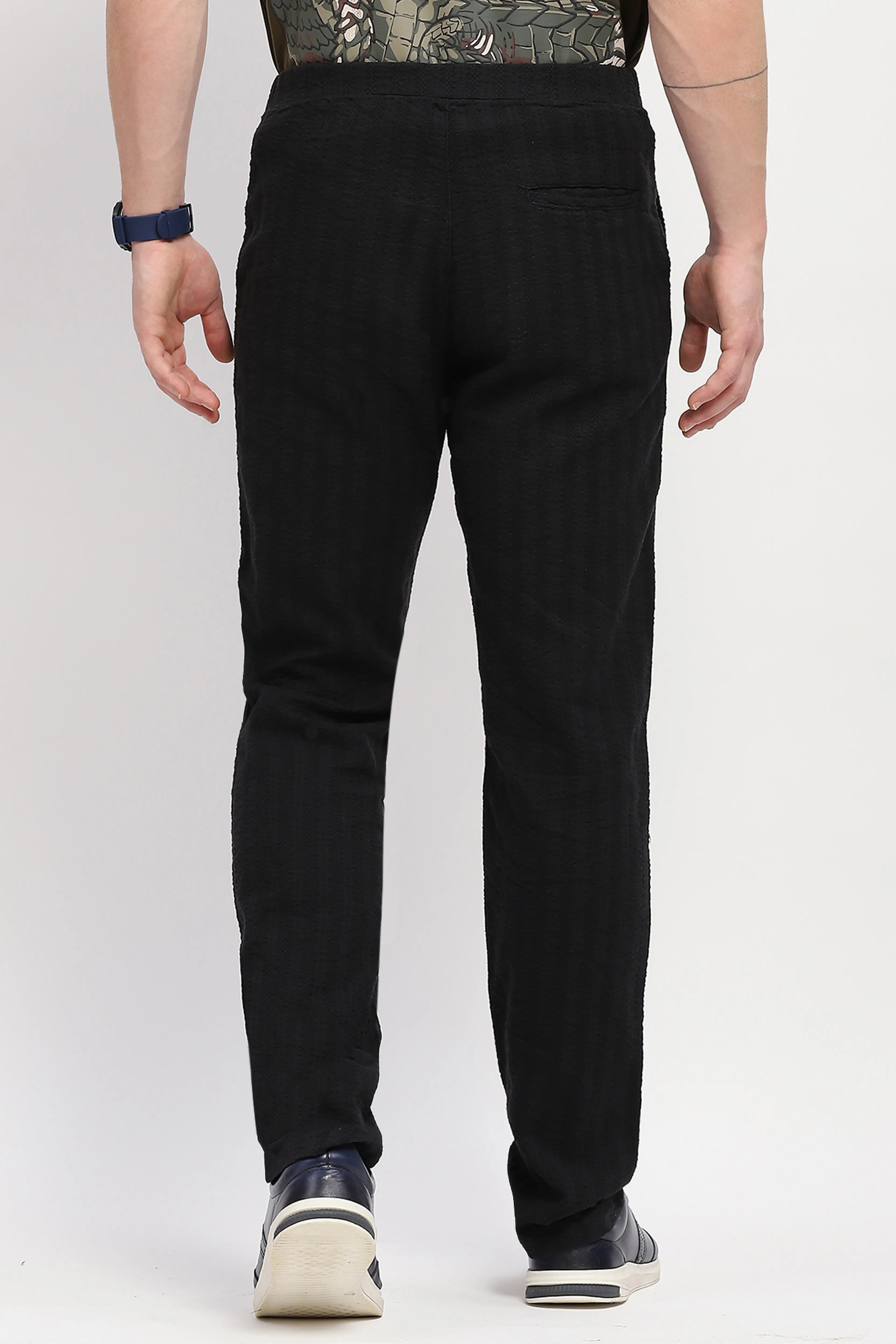 Black Self-Striped Cotton Trousers