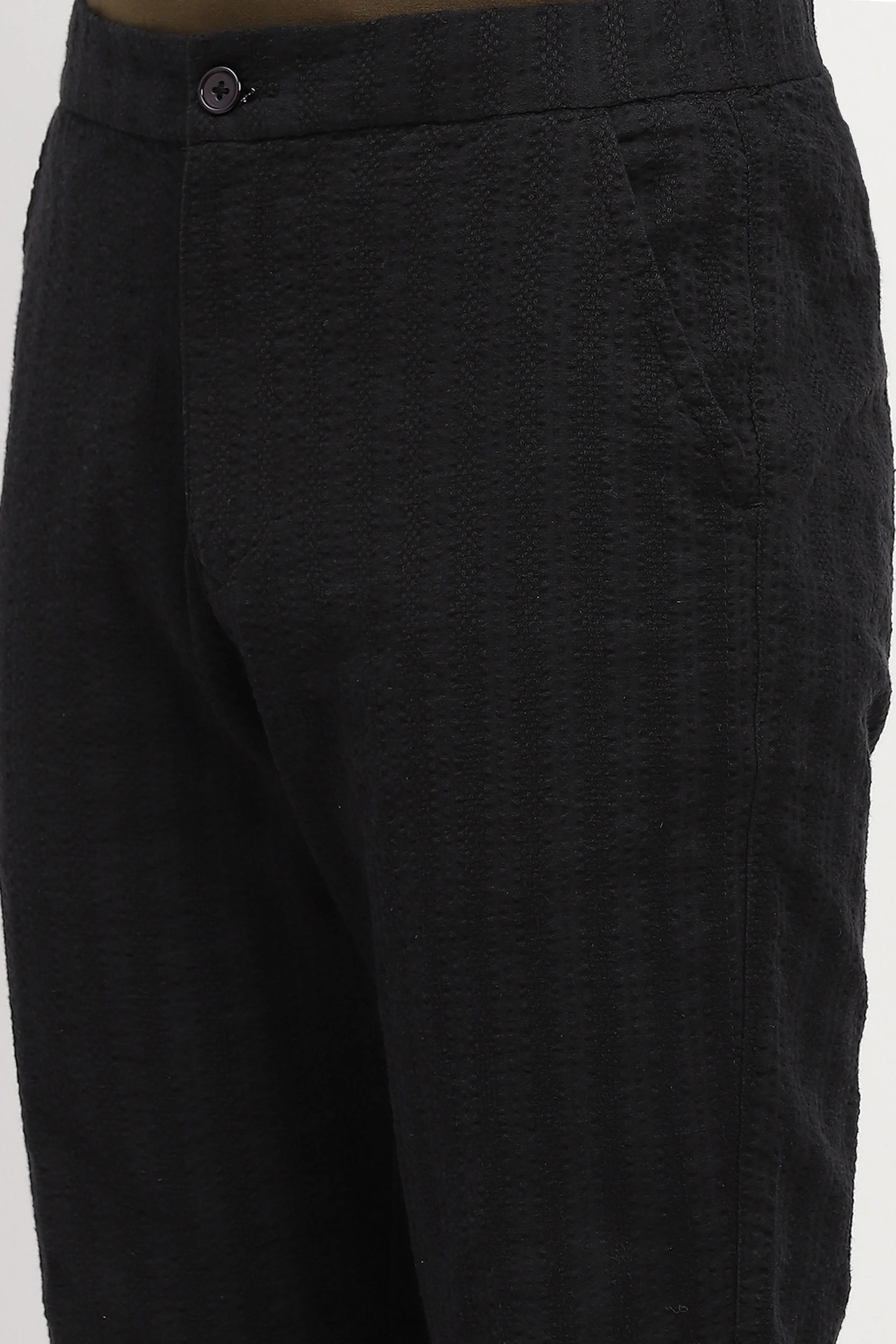 Black Self-Striped Cotton Trousers - Global Republic