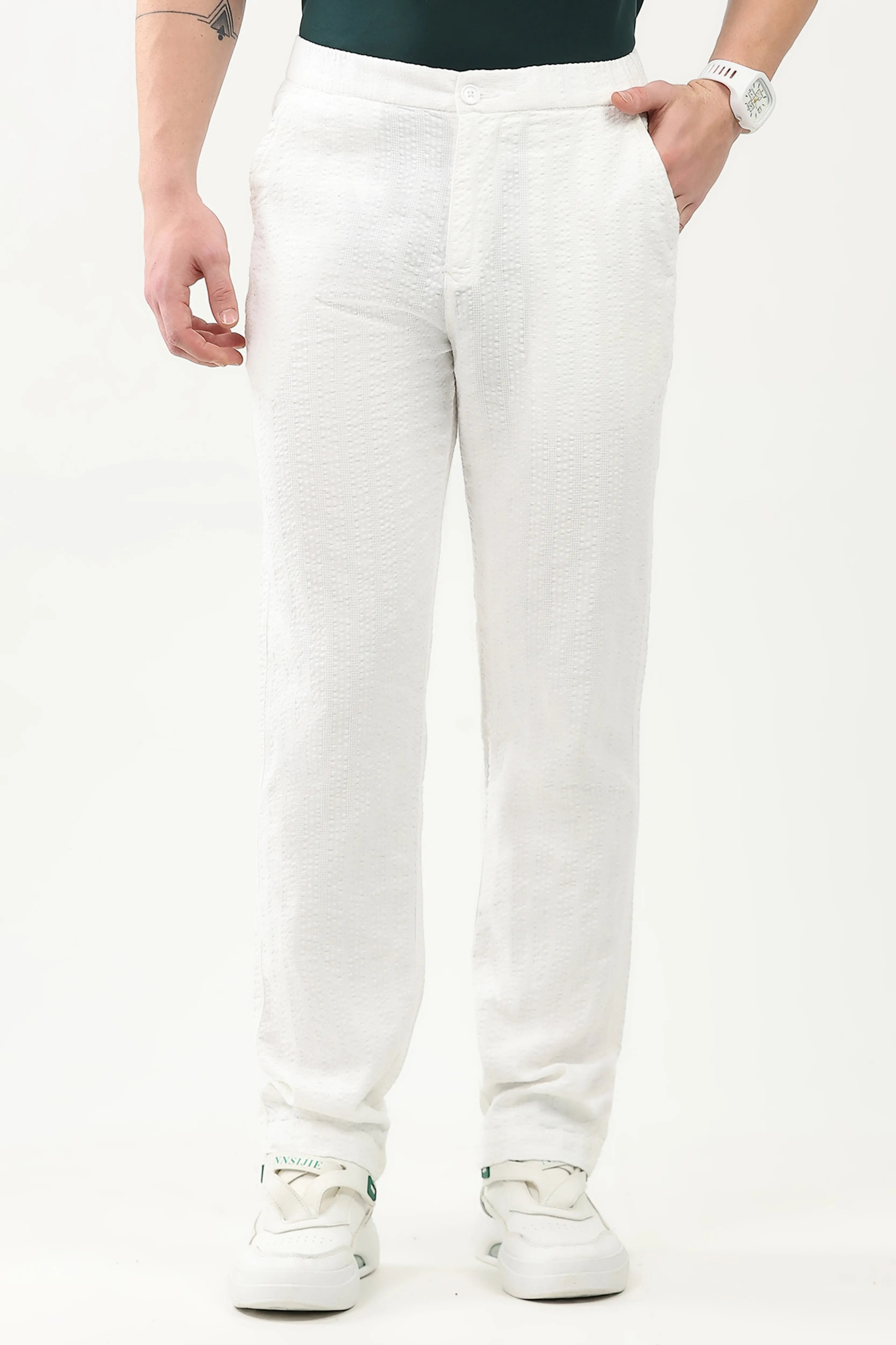 White Self-Striped Cotton Trousers