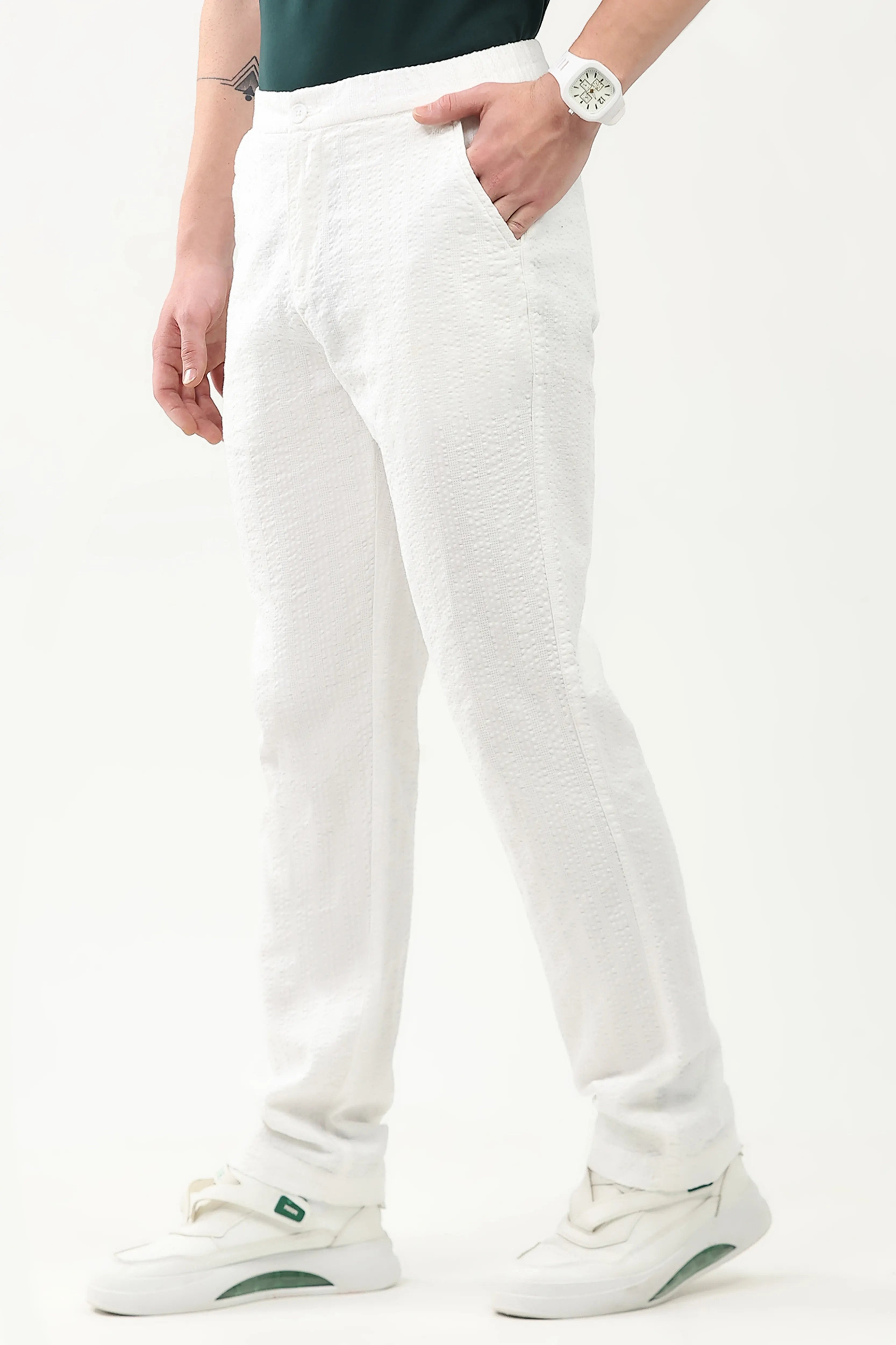 White Self-Striped Cotton Trousers