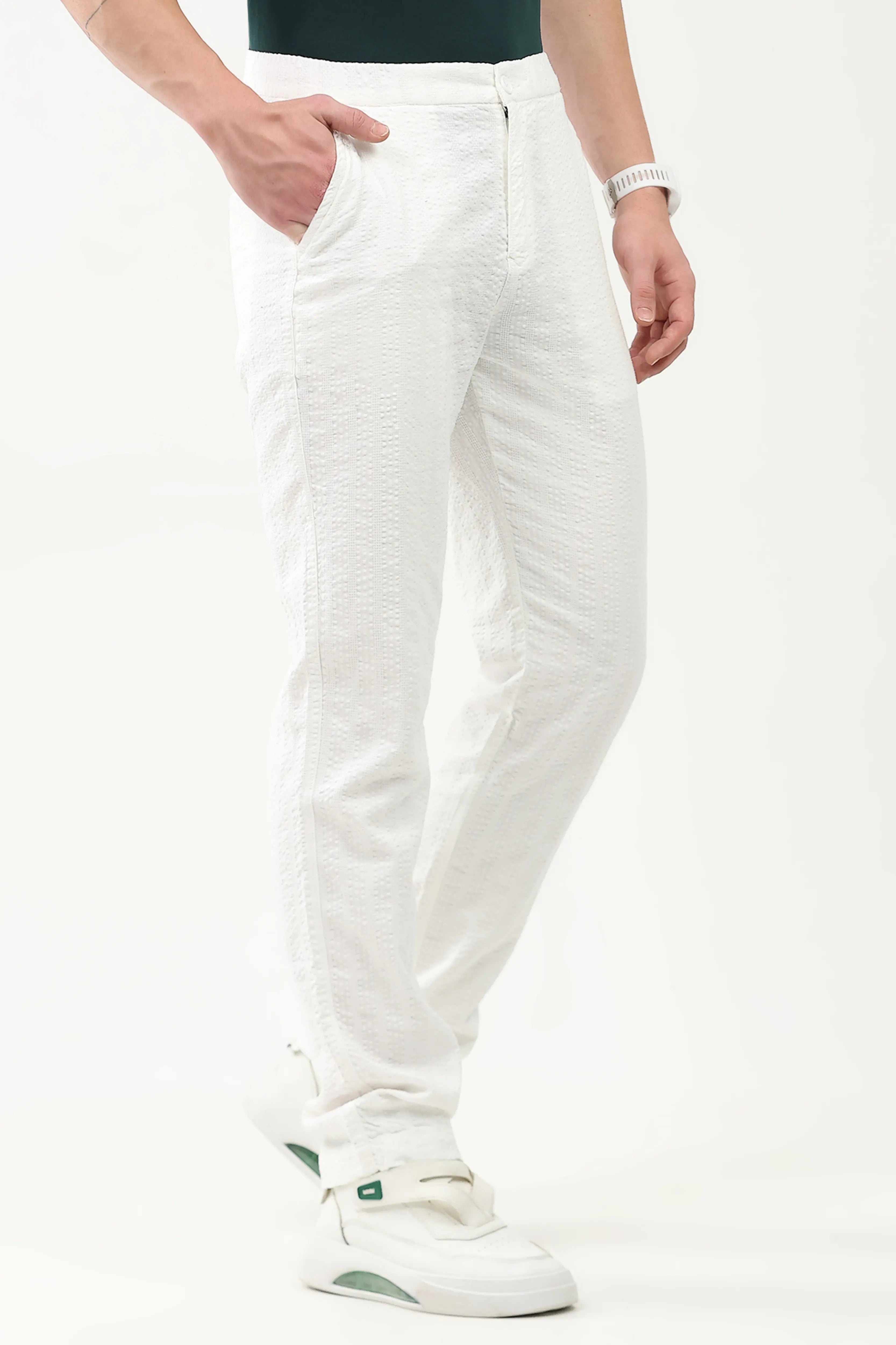 White Self-Striped Cotton Trousers