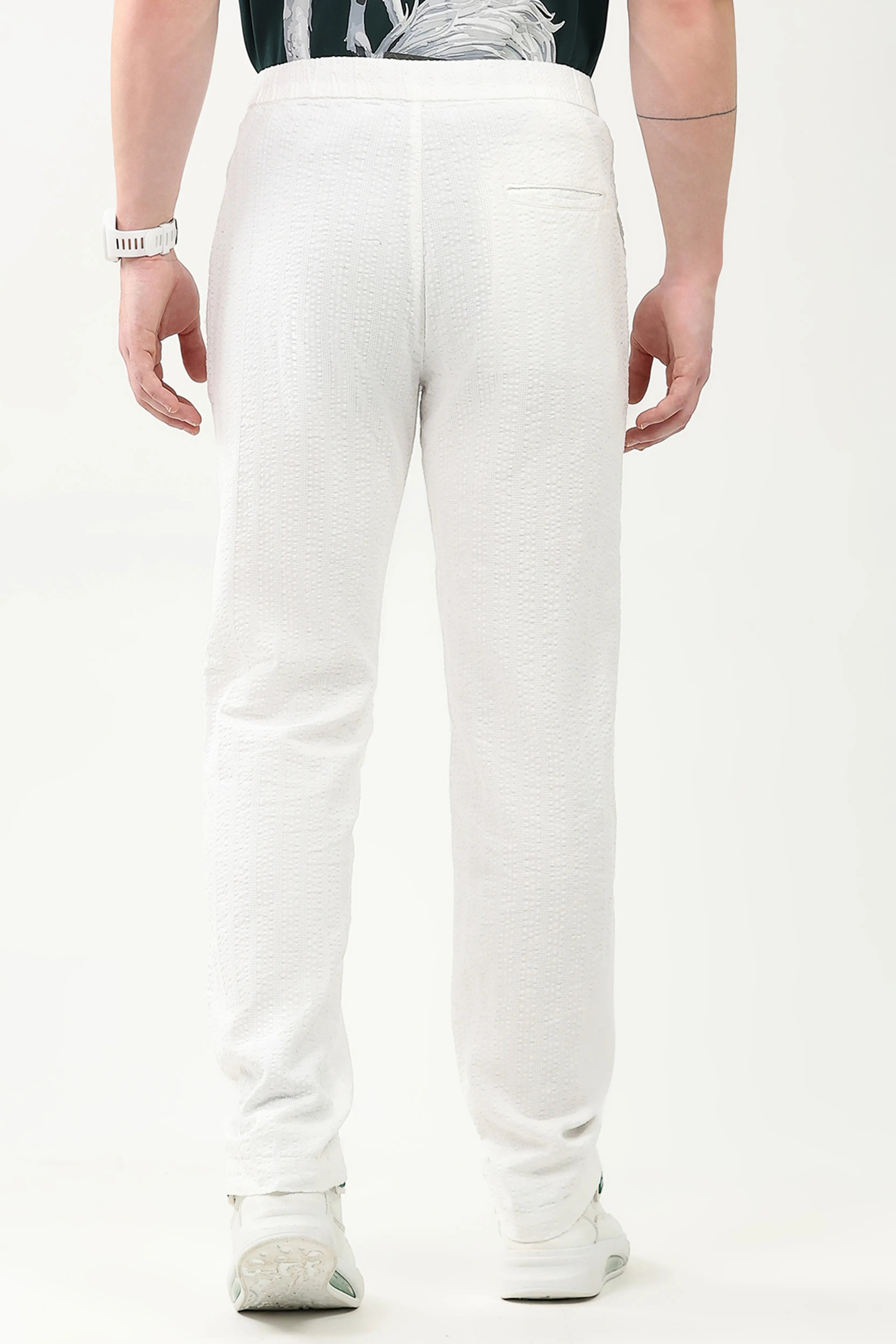 White Self-Striped Cotton Trousers