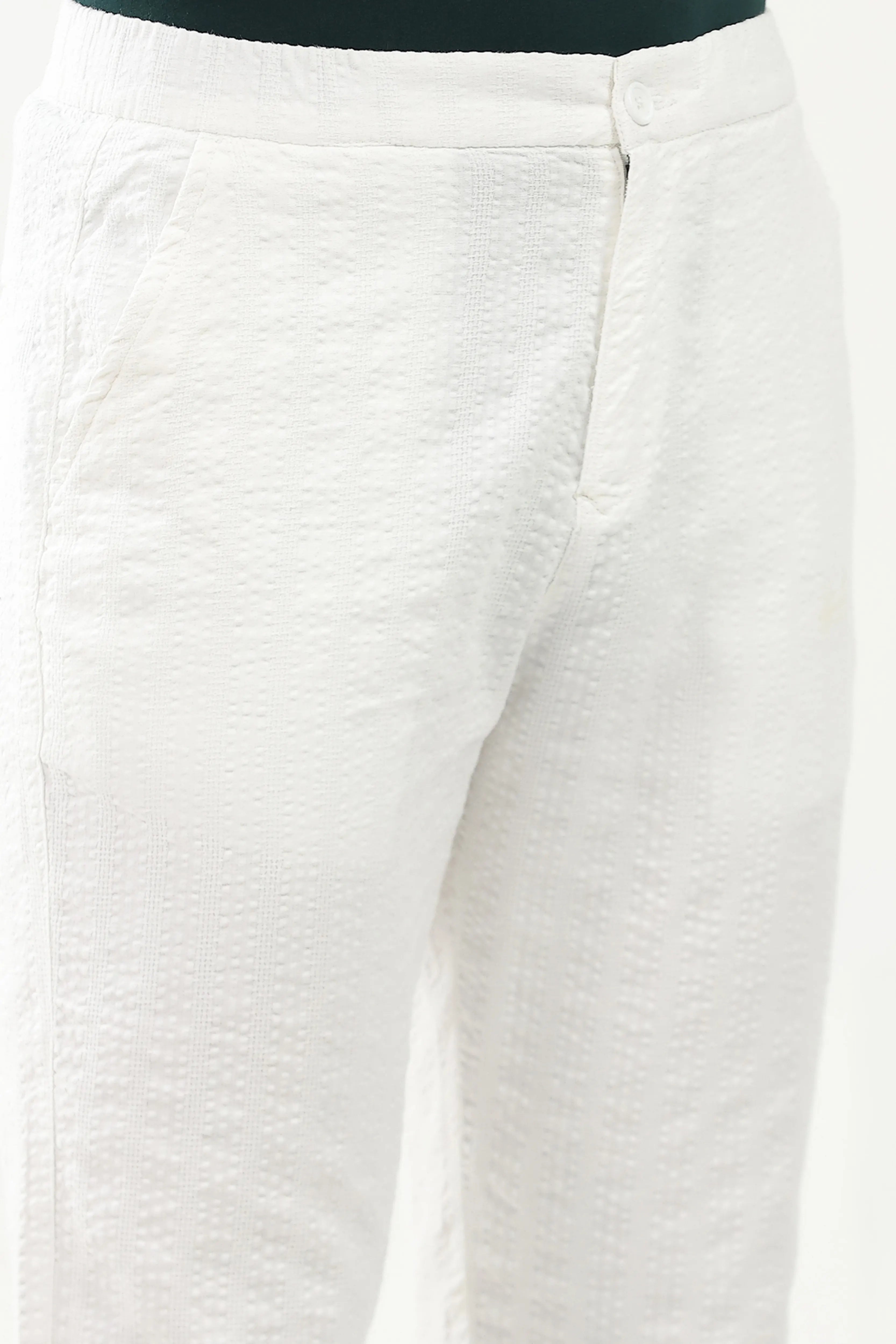 White Self-Striped Cotton Trousers - Global Republic