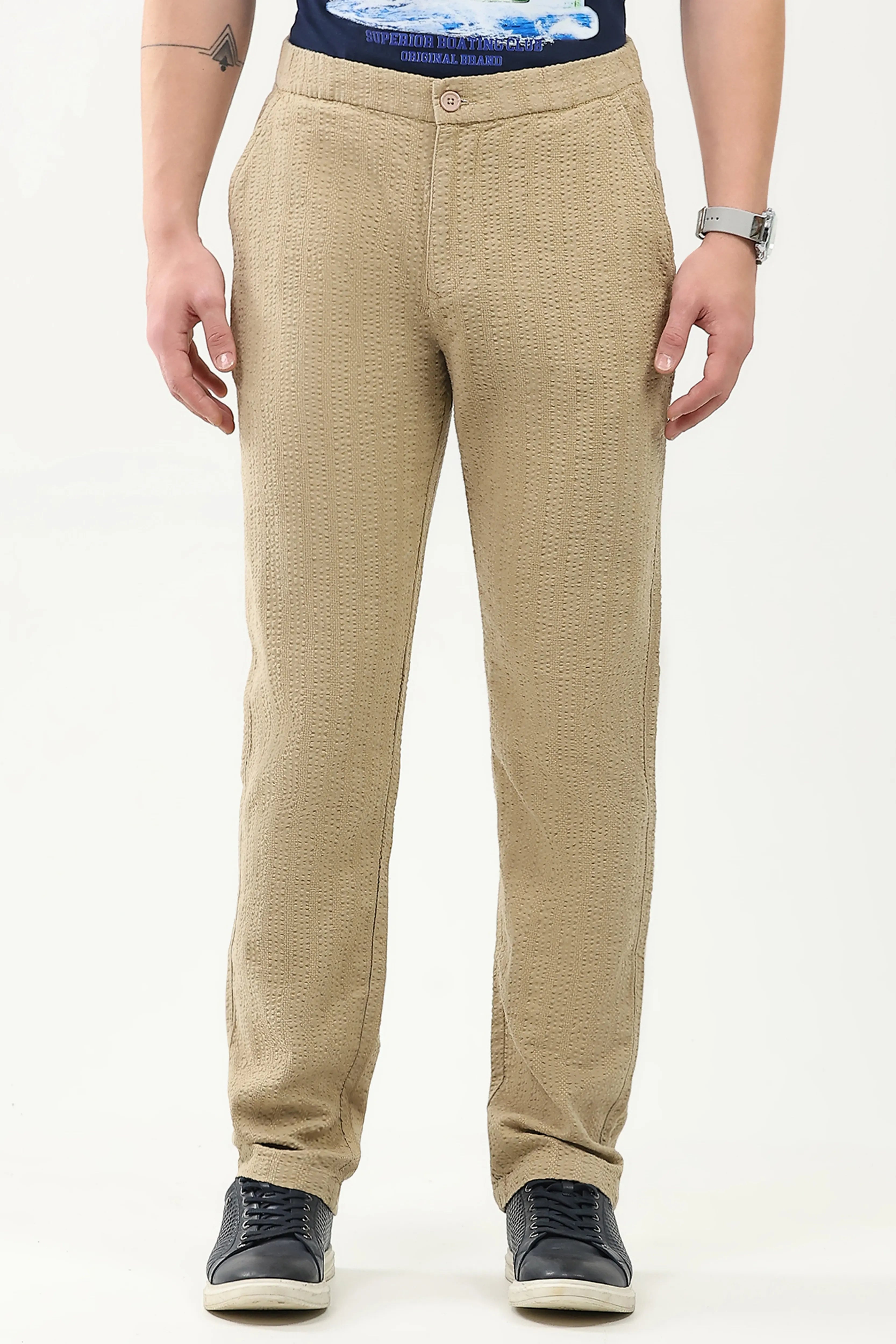 Khakhi Self-Striped Cotton Trousers