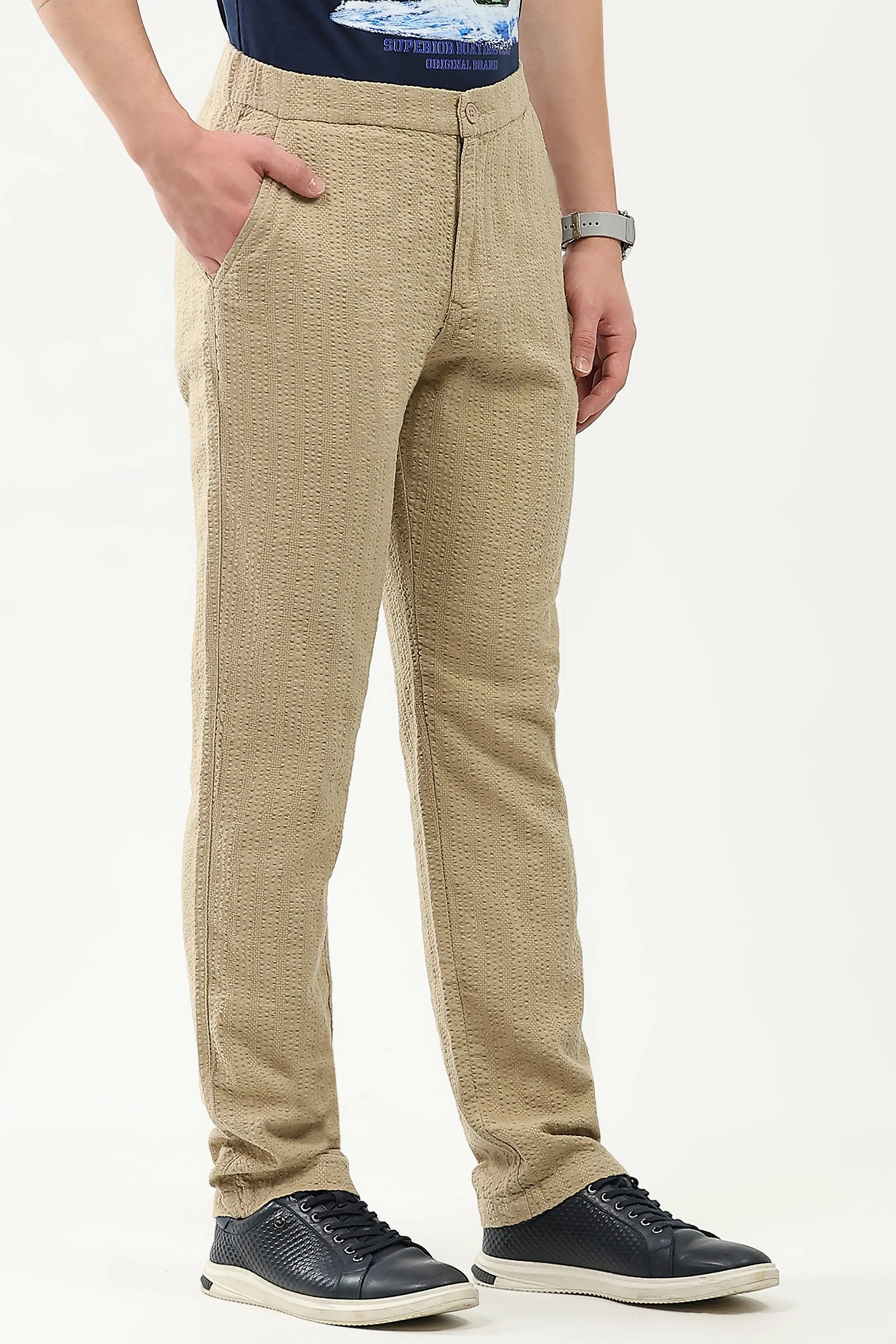 Khakhi Self-Striped Cotton Trousers