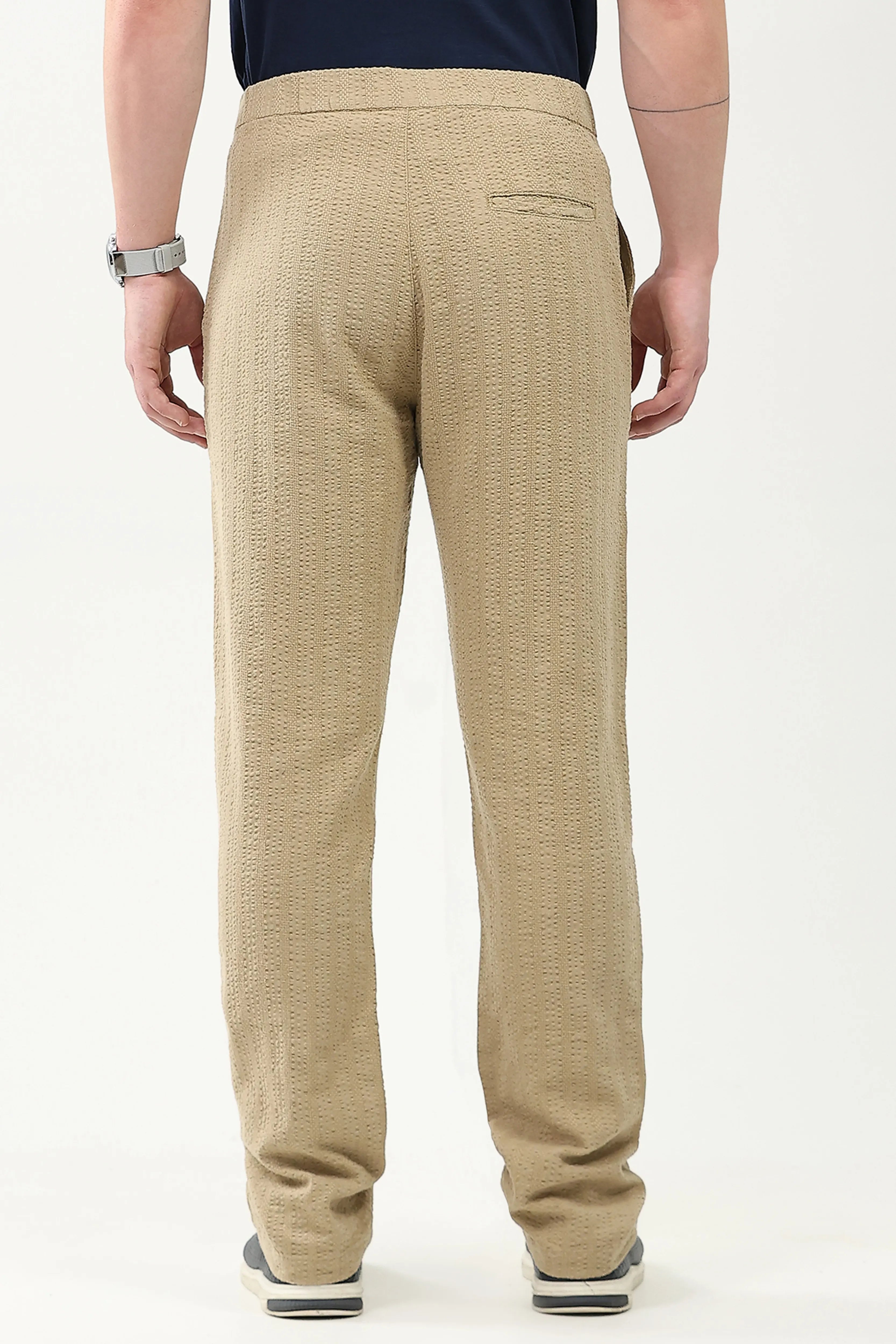 Khakhi Self-Striped Cotton Trousers