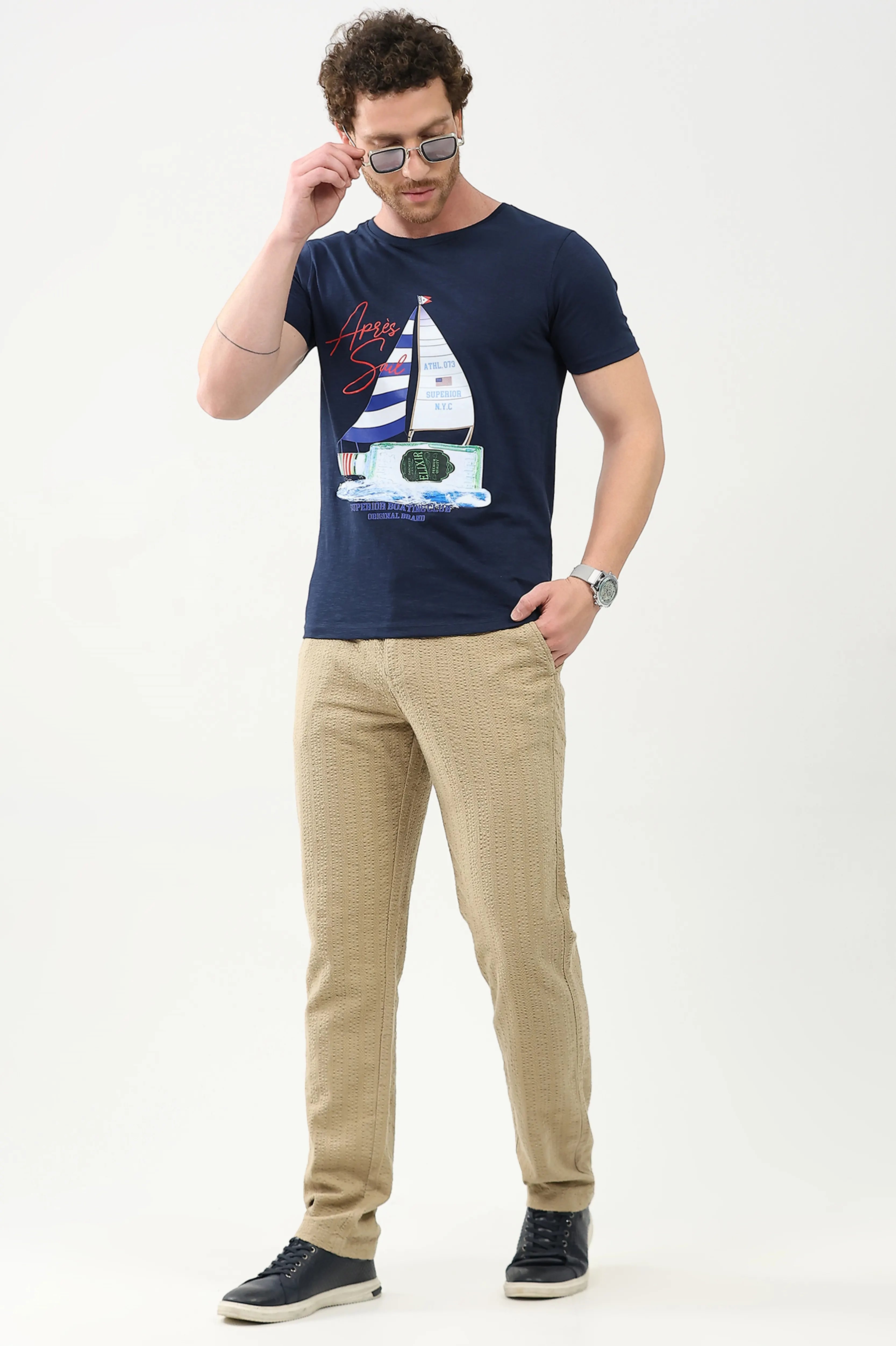 Khakhi Self-Striped Cotton Trousers
