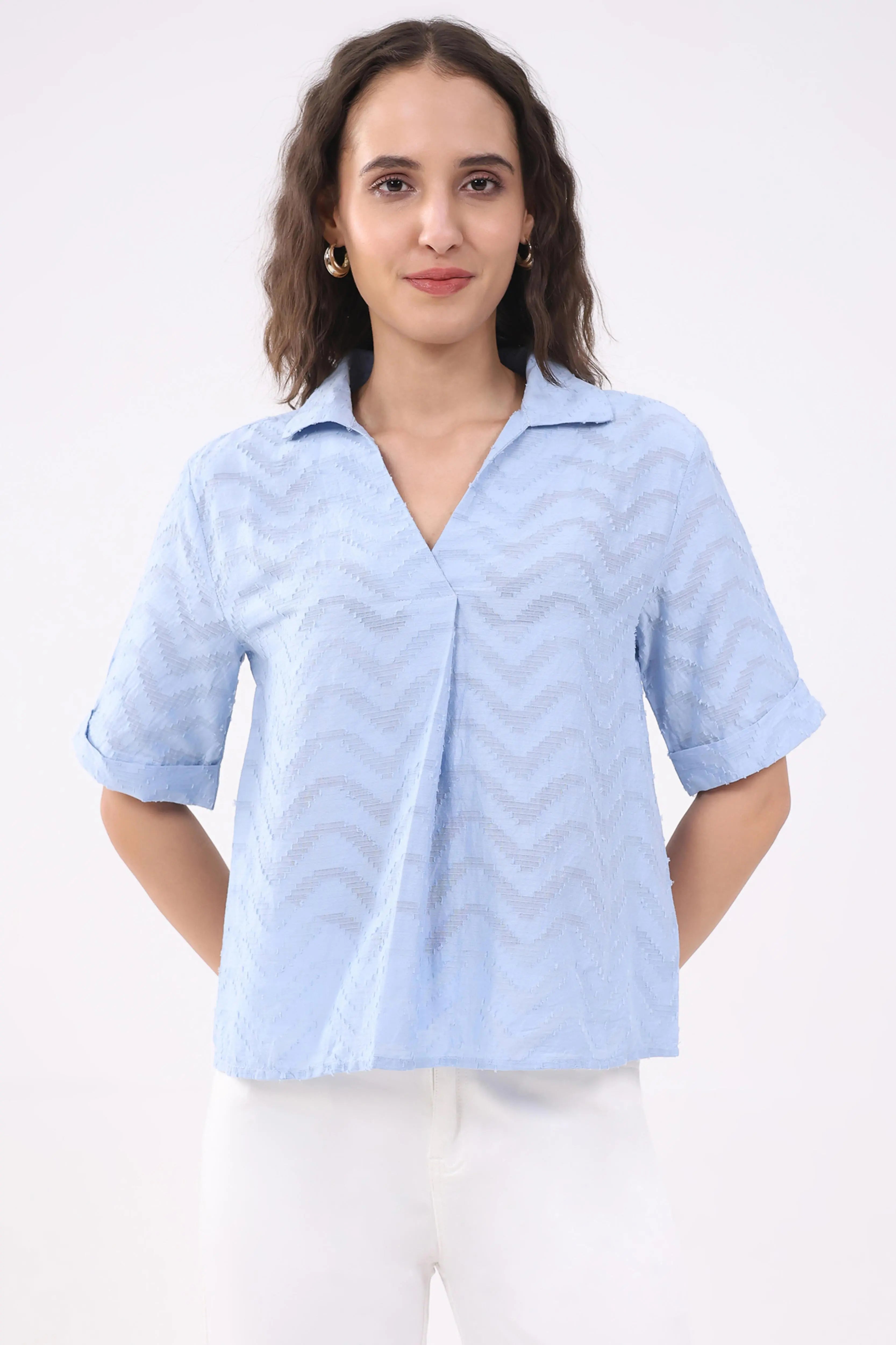 Blue Blouson Dobby Cotton Top - Global Republic