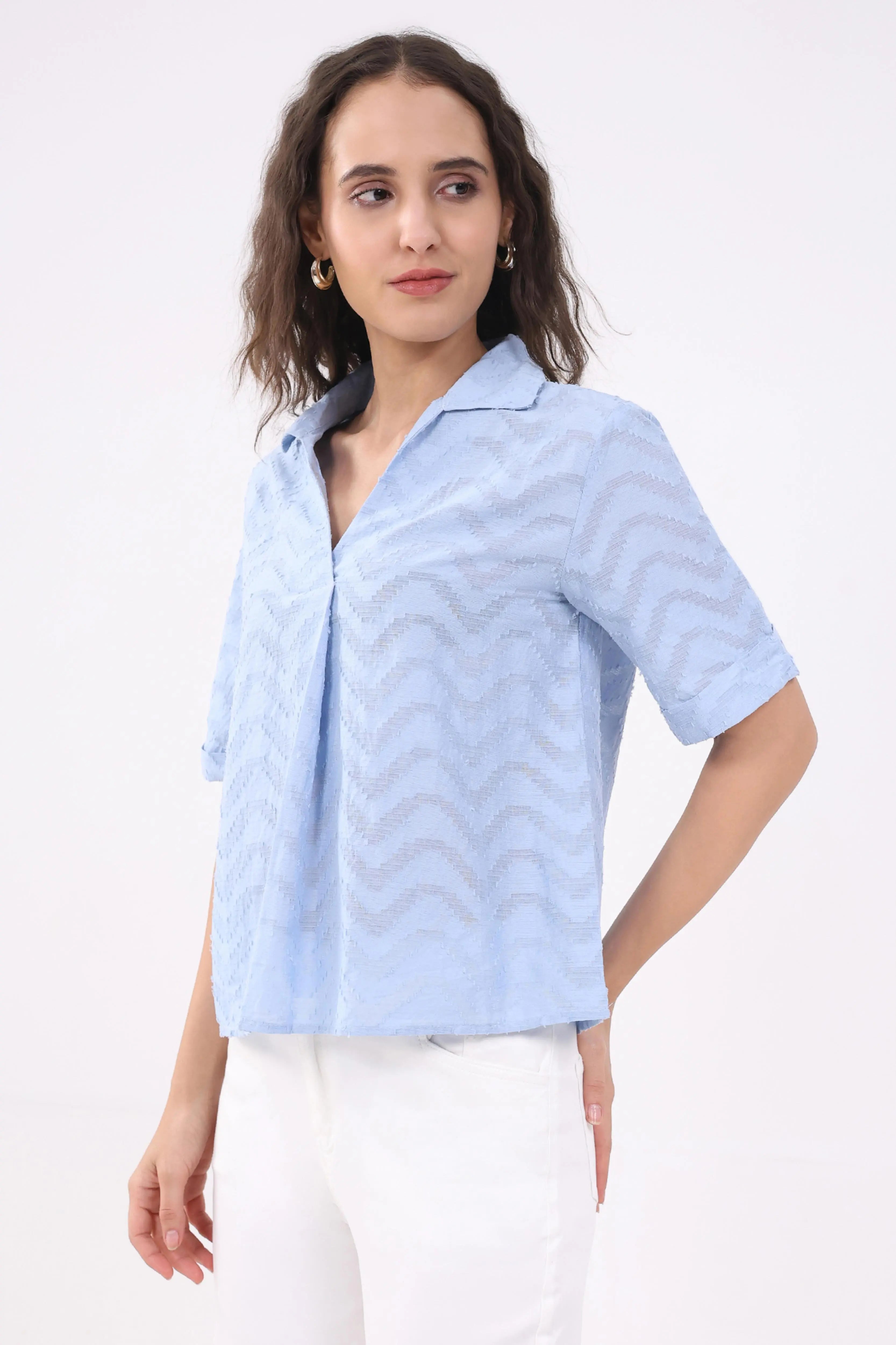 Blue Blouson Dobby Cotton Top - Global Republic