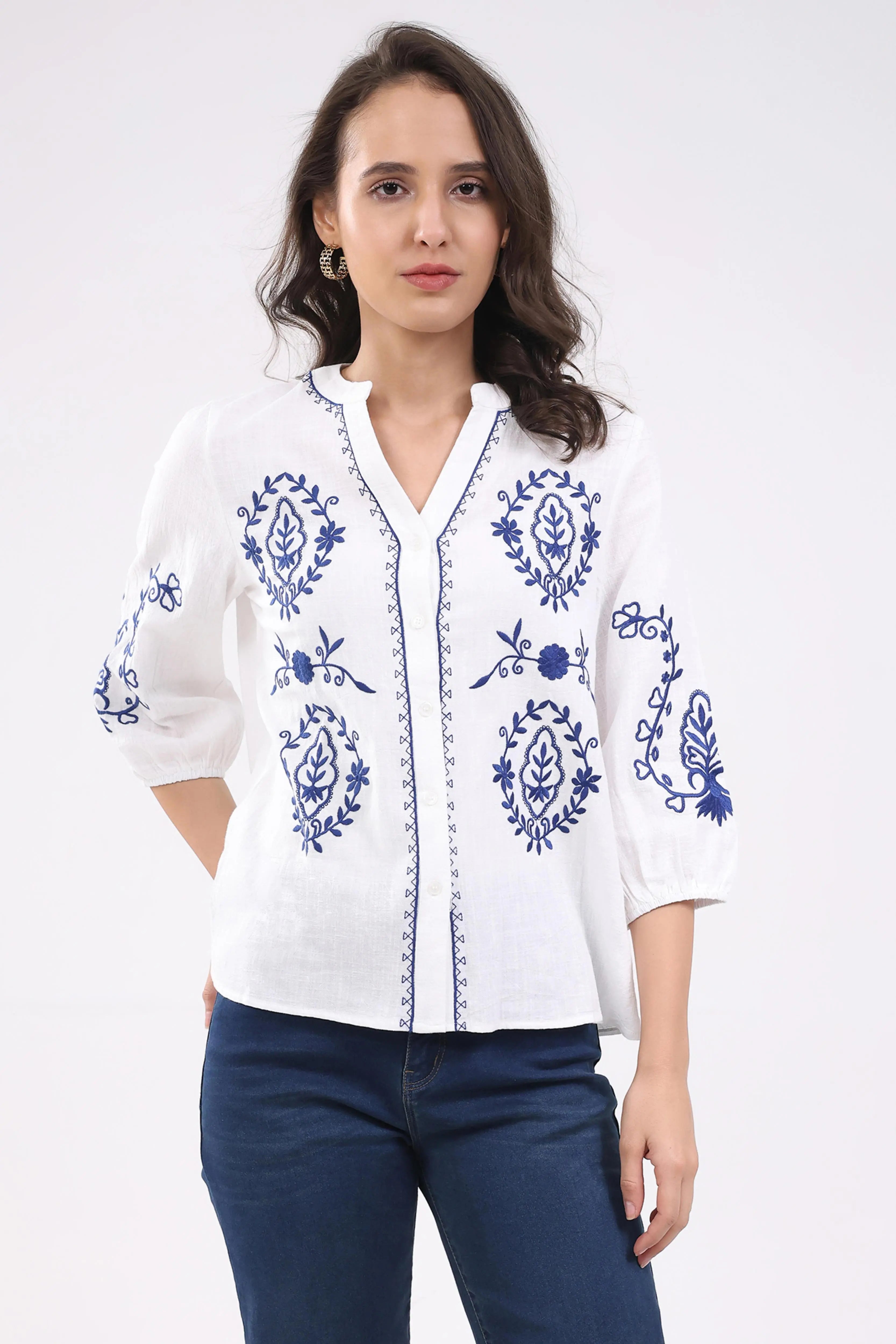 White & Navy Embroidered Shirt - Global Republic