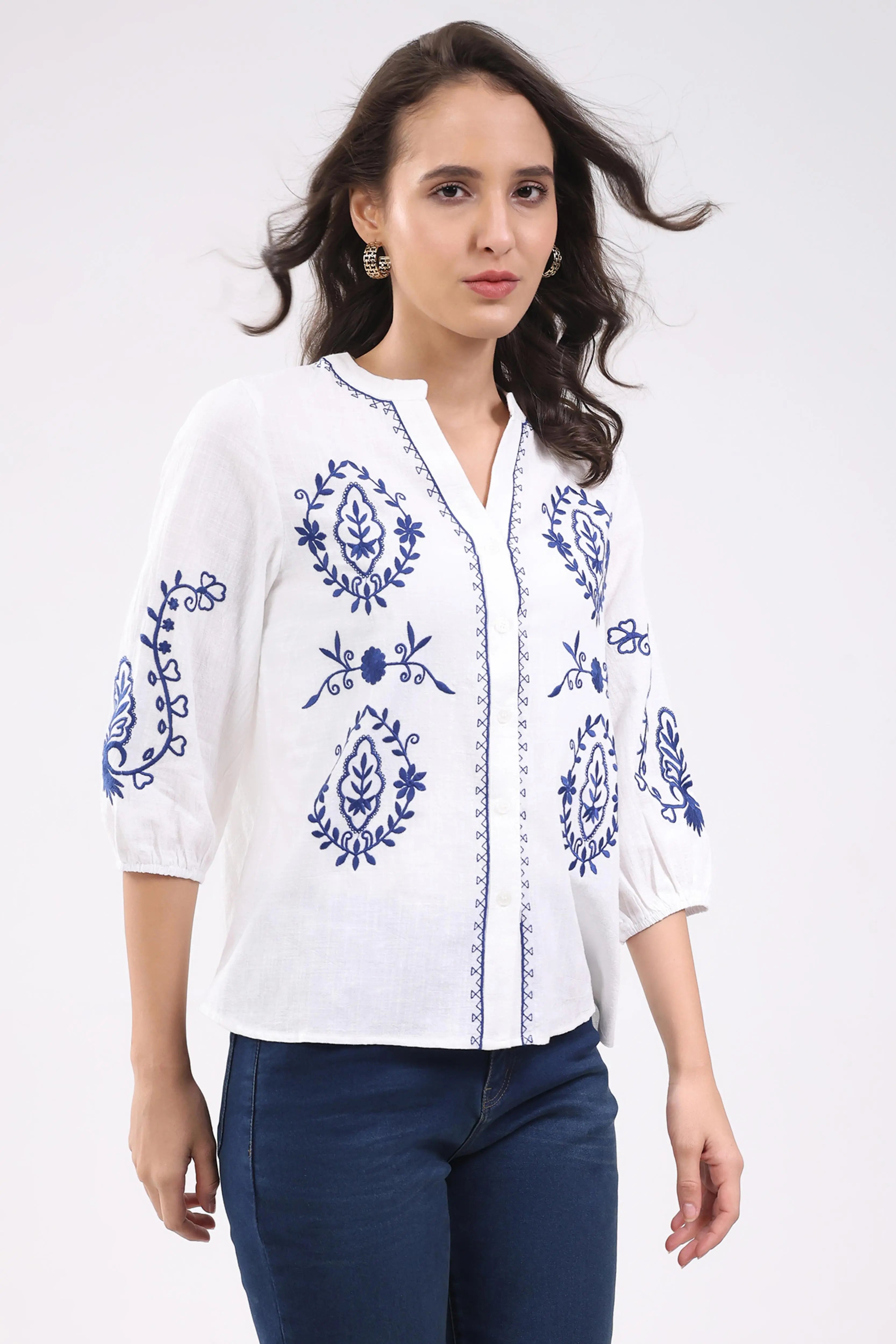 White & Navy Embroidered Shirt - Global Republic