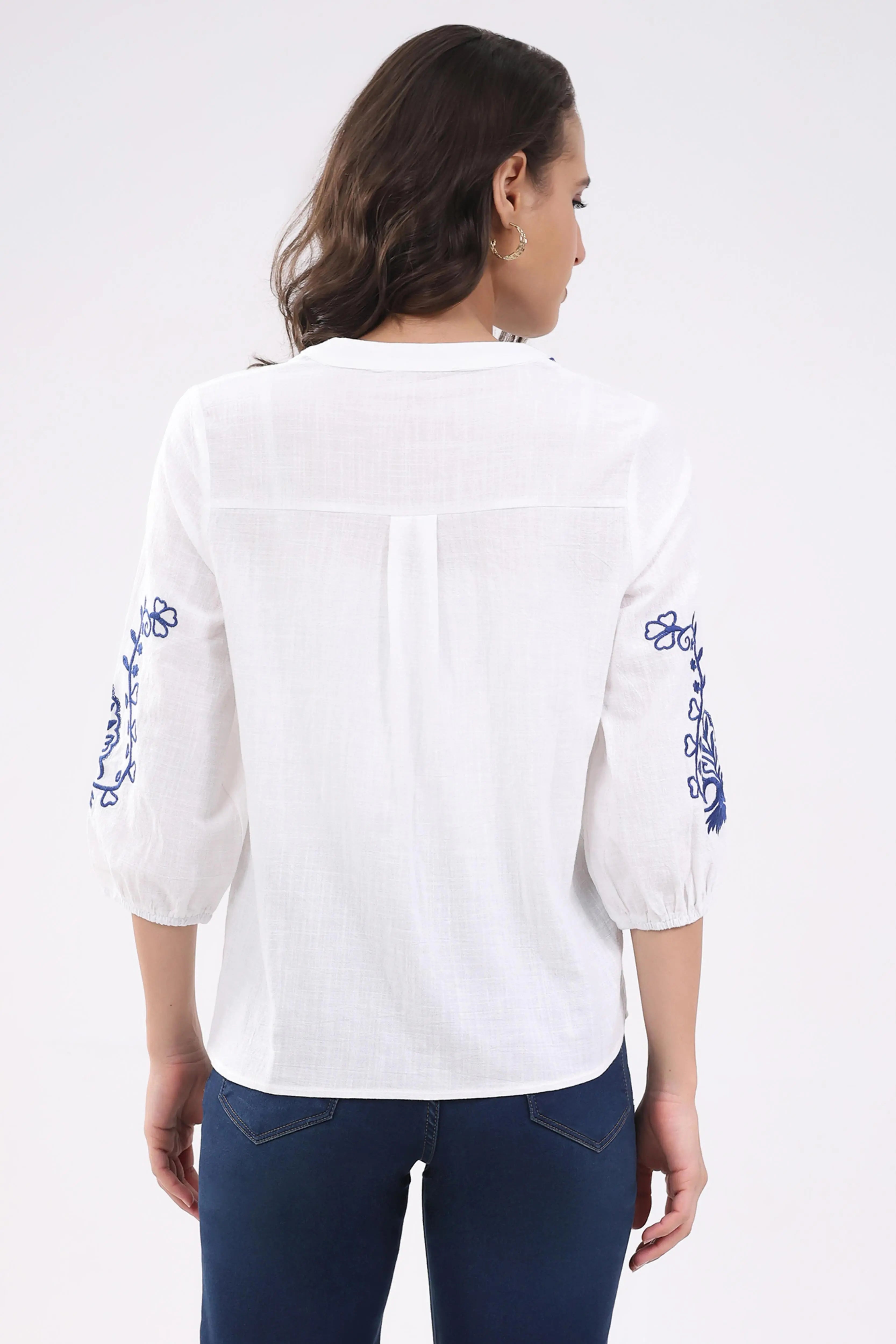 White & Navy Embroidered Shirt - Global Republic