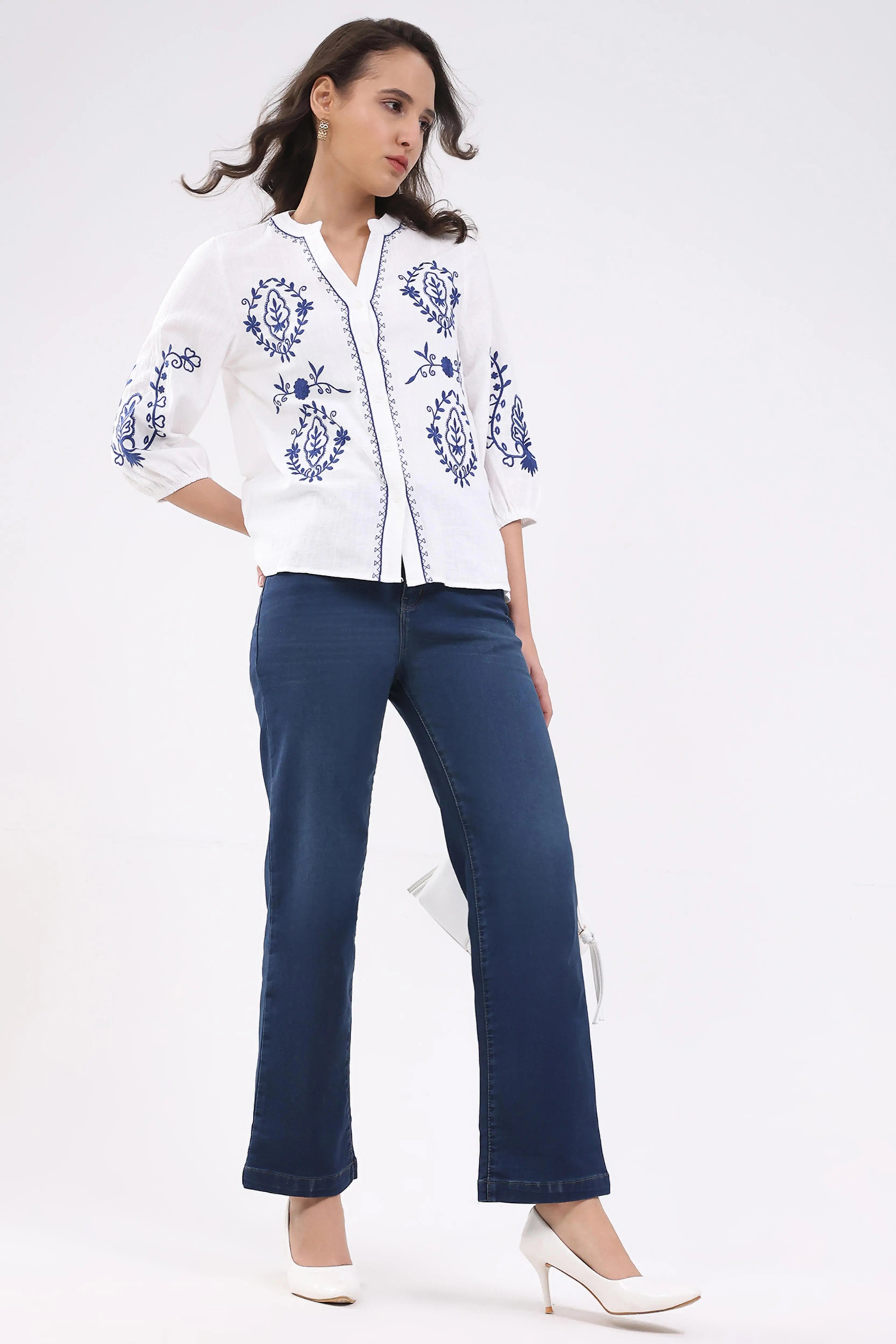 White & Navy Embroidered Shirt - Global Republic