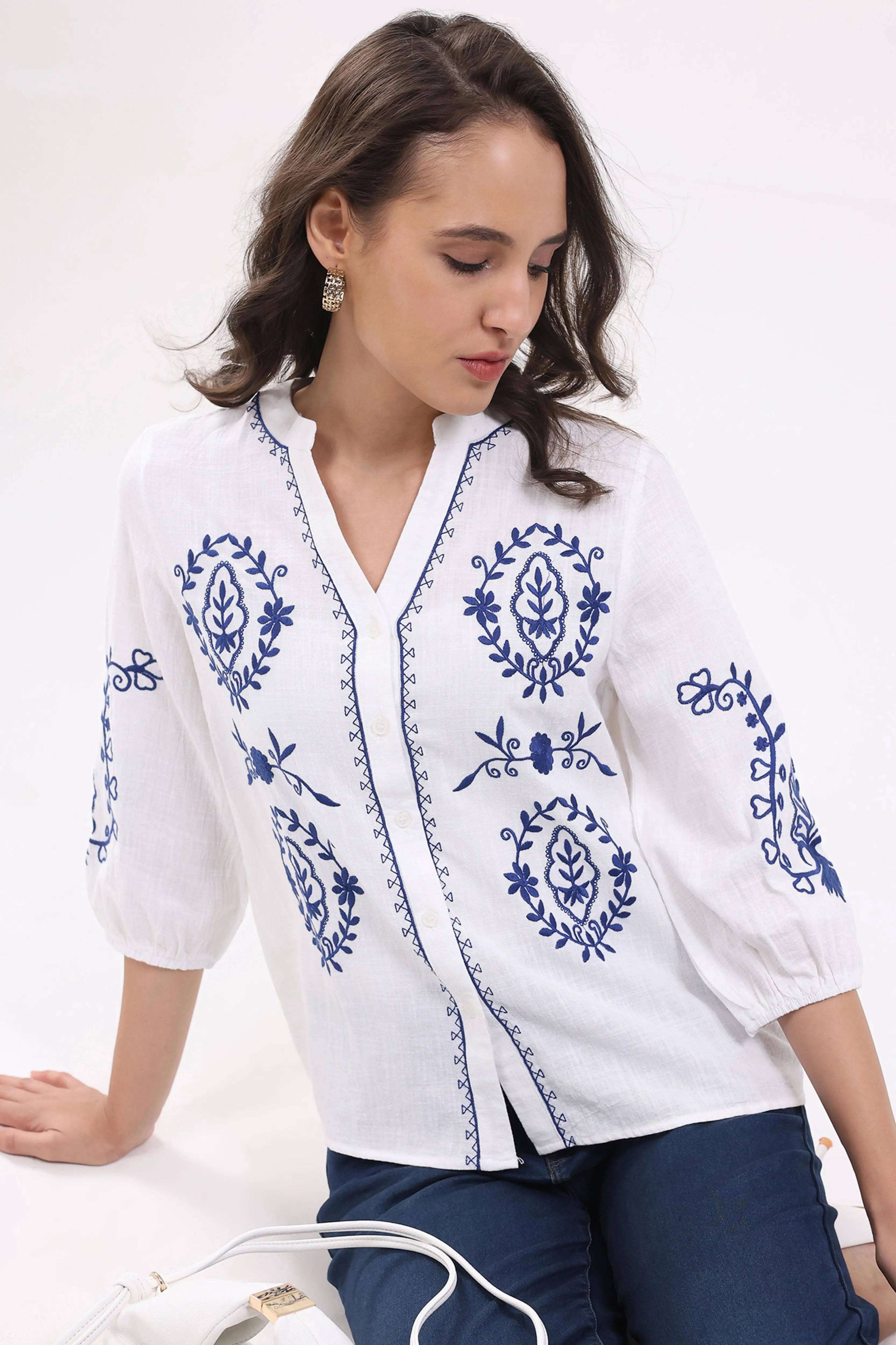 White & Navy Embroidered Shirt - Global Republic