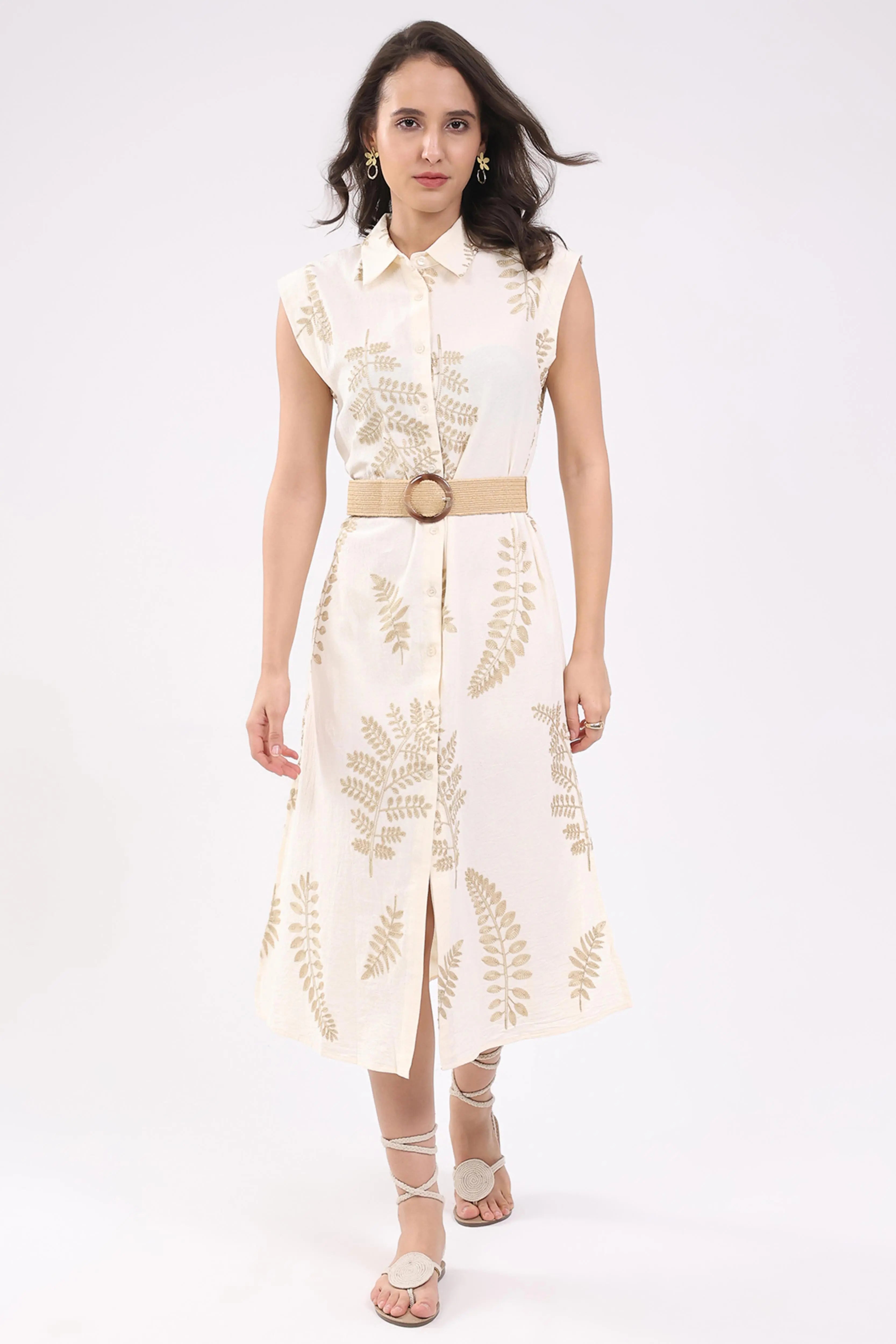 Beige Embroidered Shirt dress - Global Republic