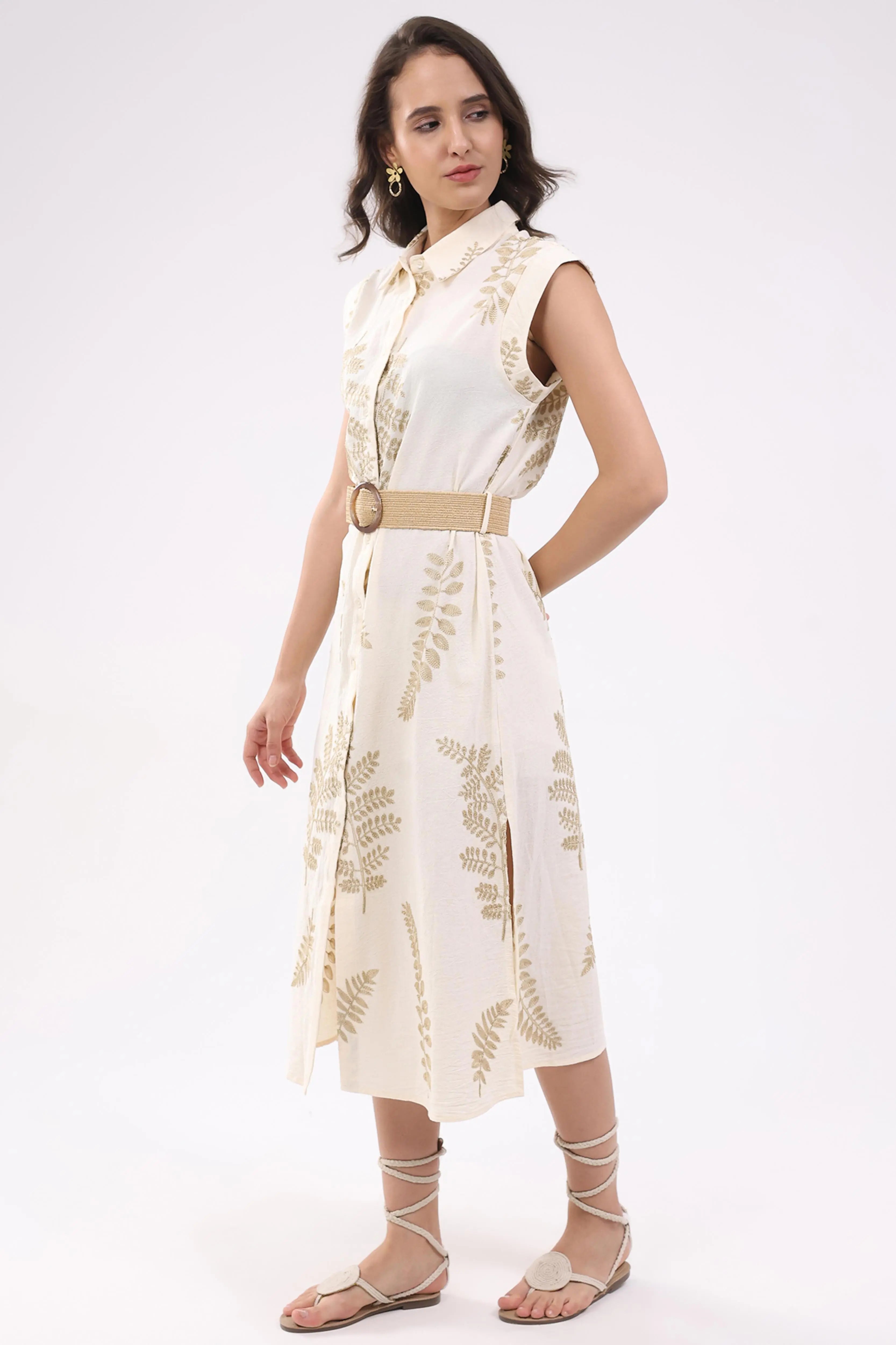 Beige Embroidered Shirt dress - Global Republic