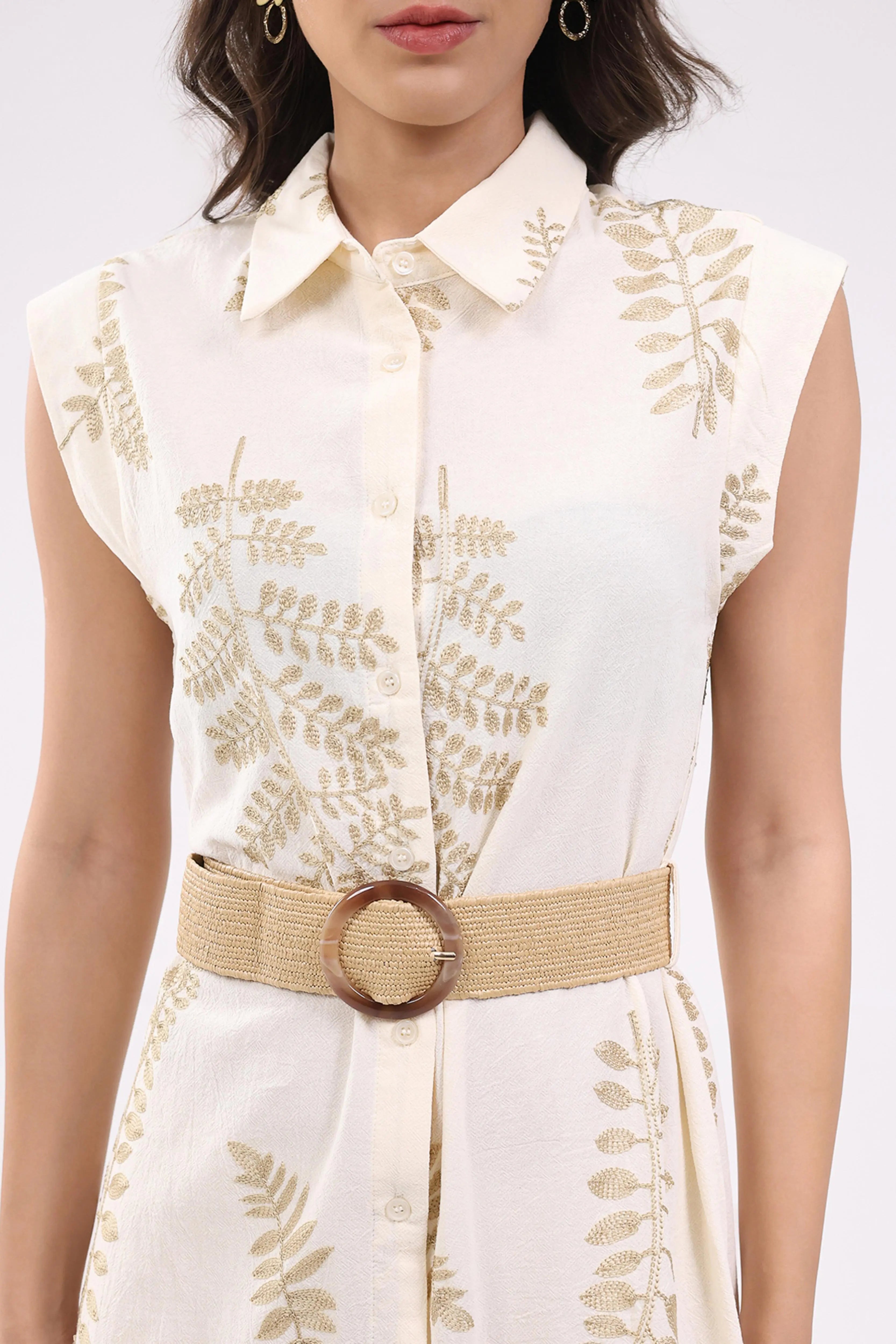 Beige Embroidered Shirt dress - Global Republic