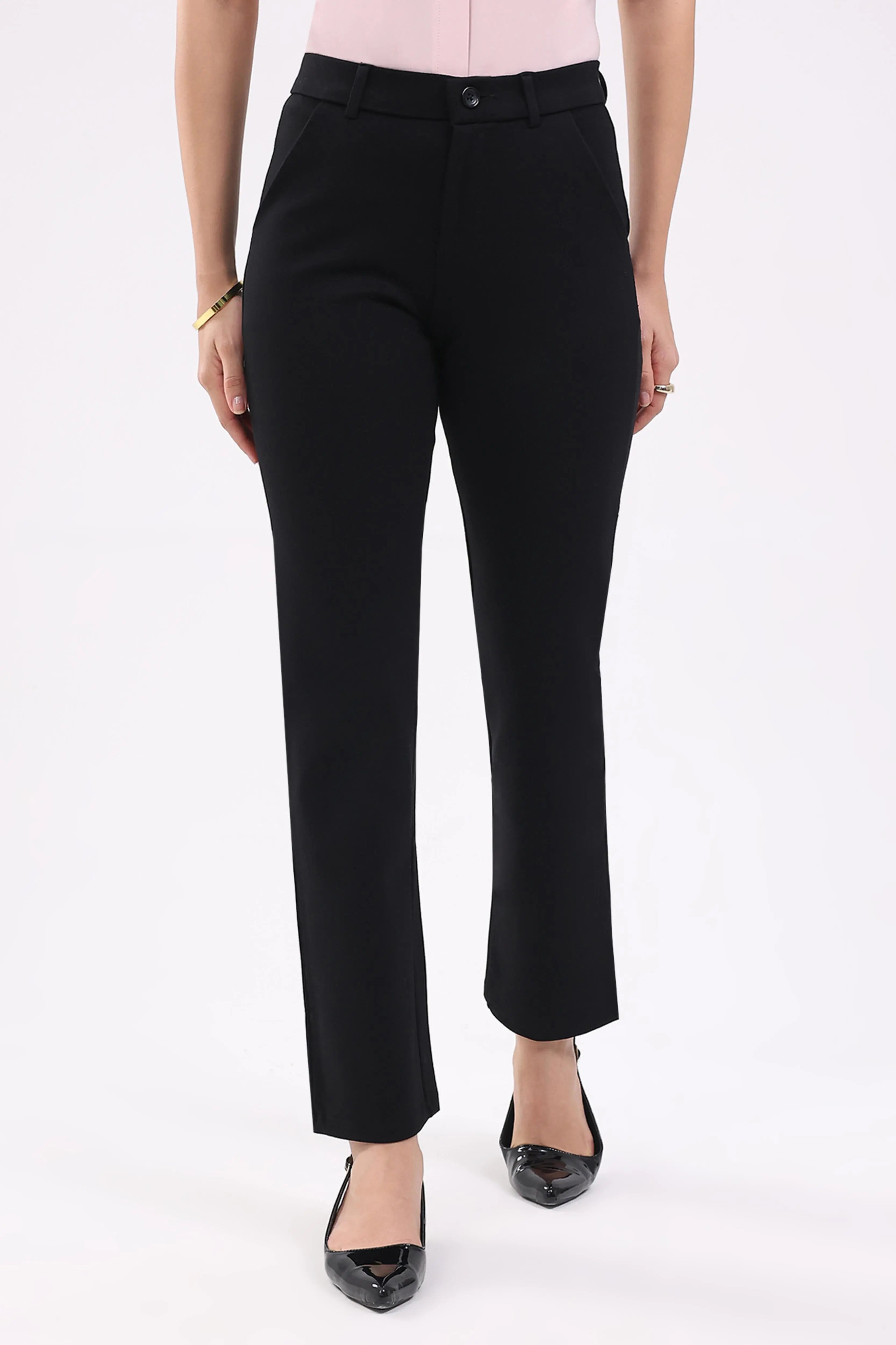 Black Straight Cotton Spandex Trousers - Global Republic