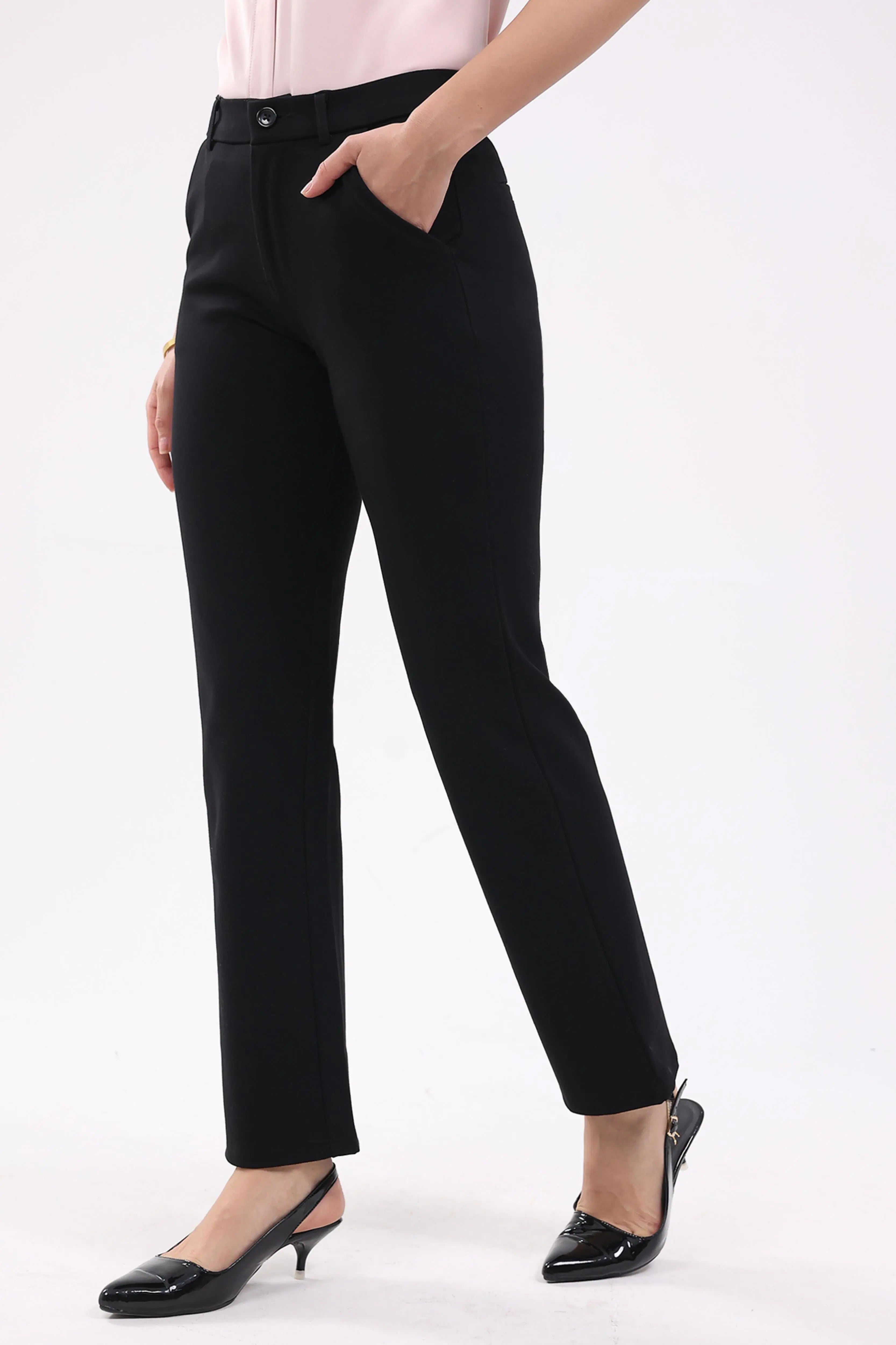 Black Straight Cotton Spandex Trousers - Global Republic