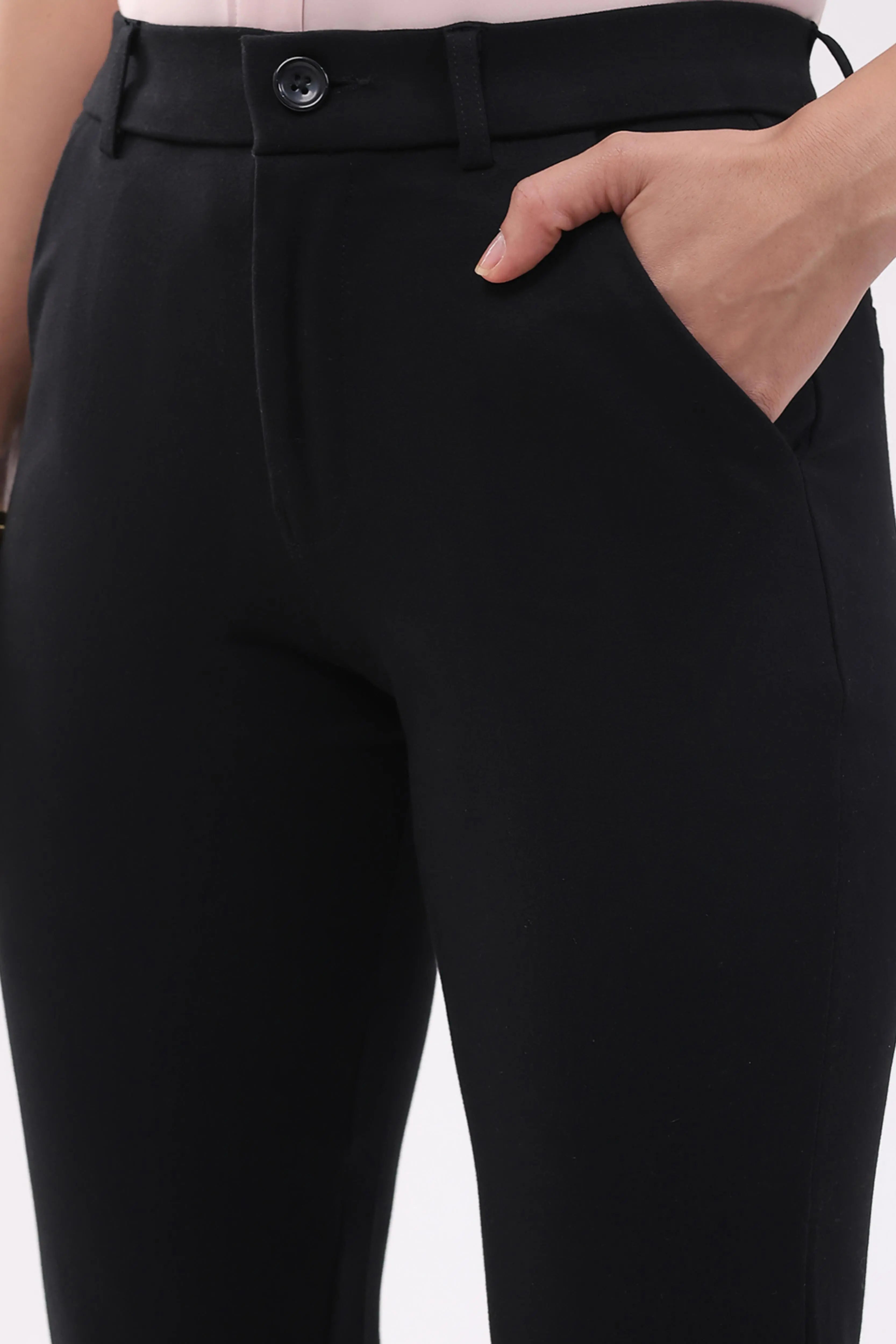 Black Straight Cotton Spandex Trousers - Global Republic