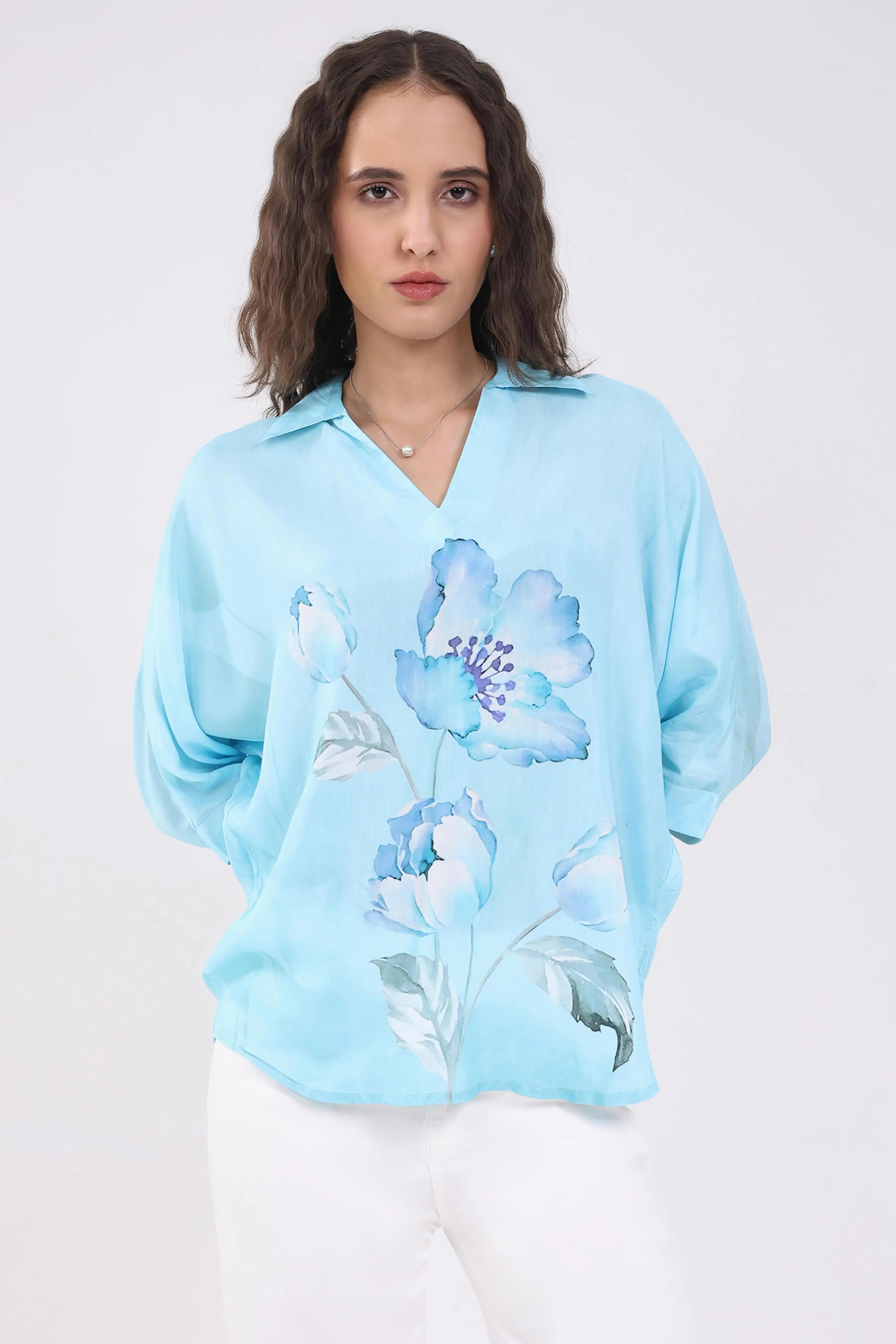 Blue Viscose Floral Loose Top - Global Republic