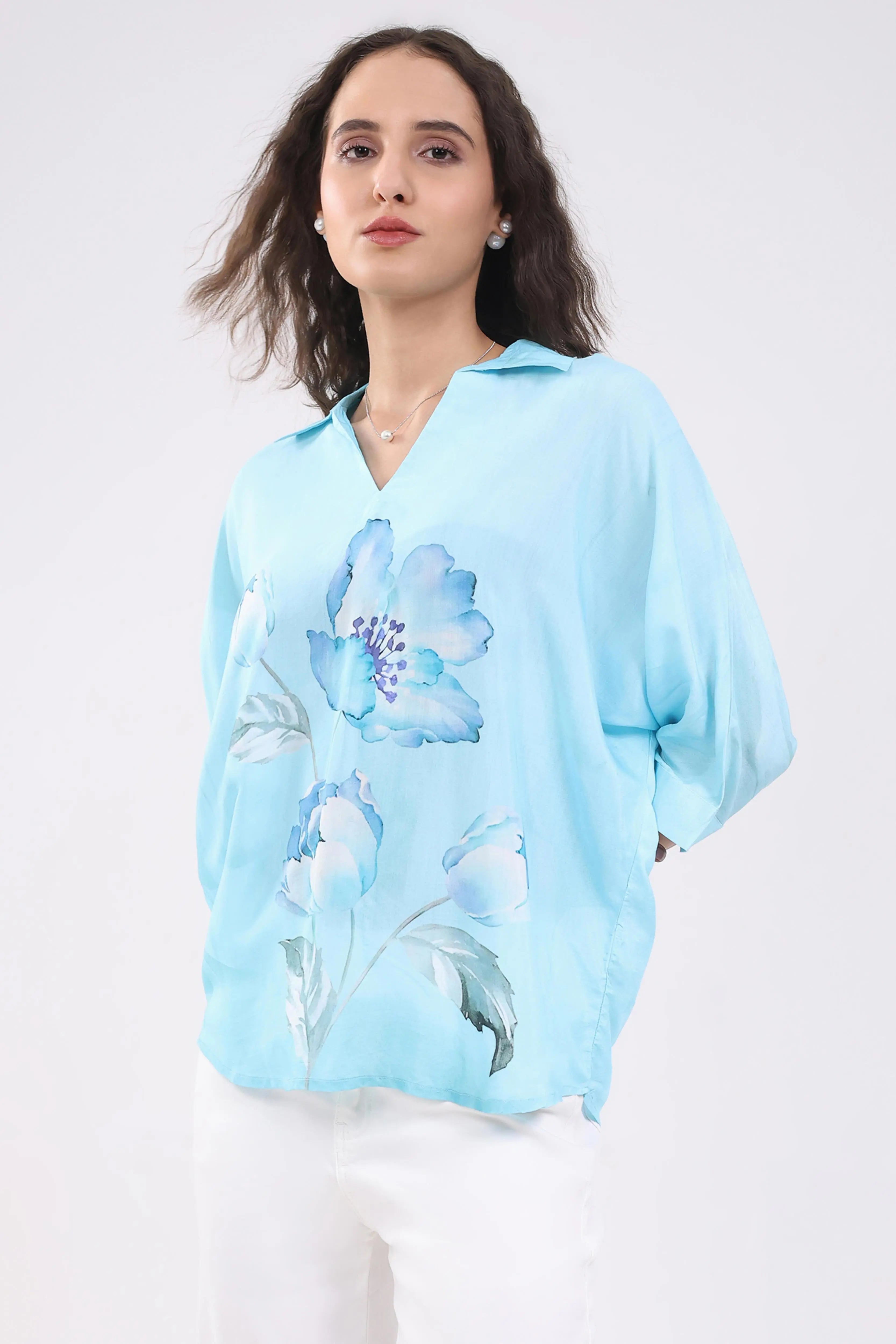 Blue Viscose Floral Loose Top - Global Republic