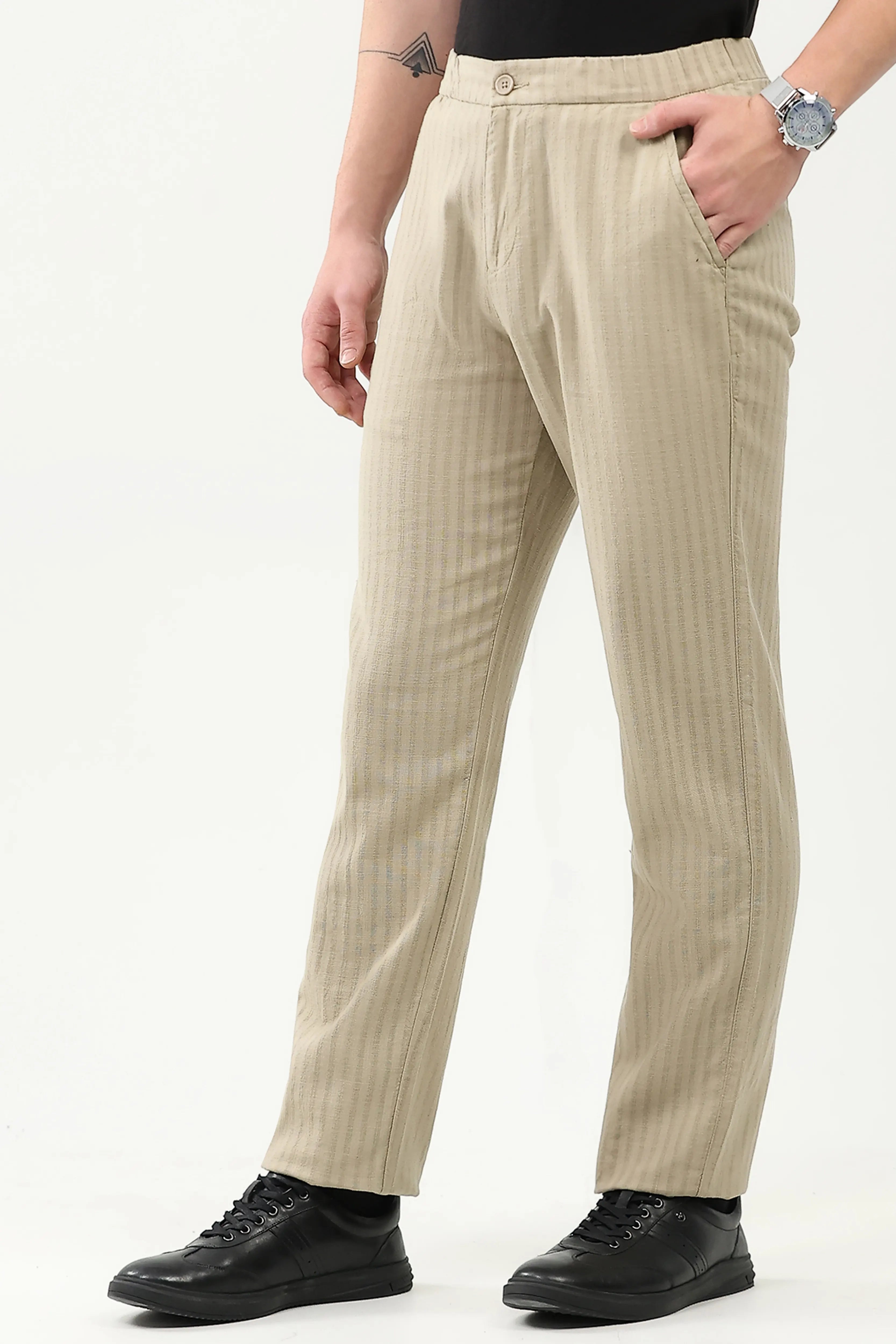Beige Smart Fit Linen-Blend Trousers