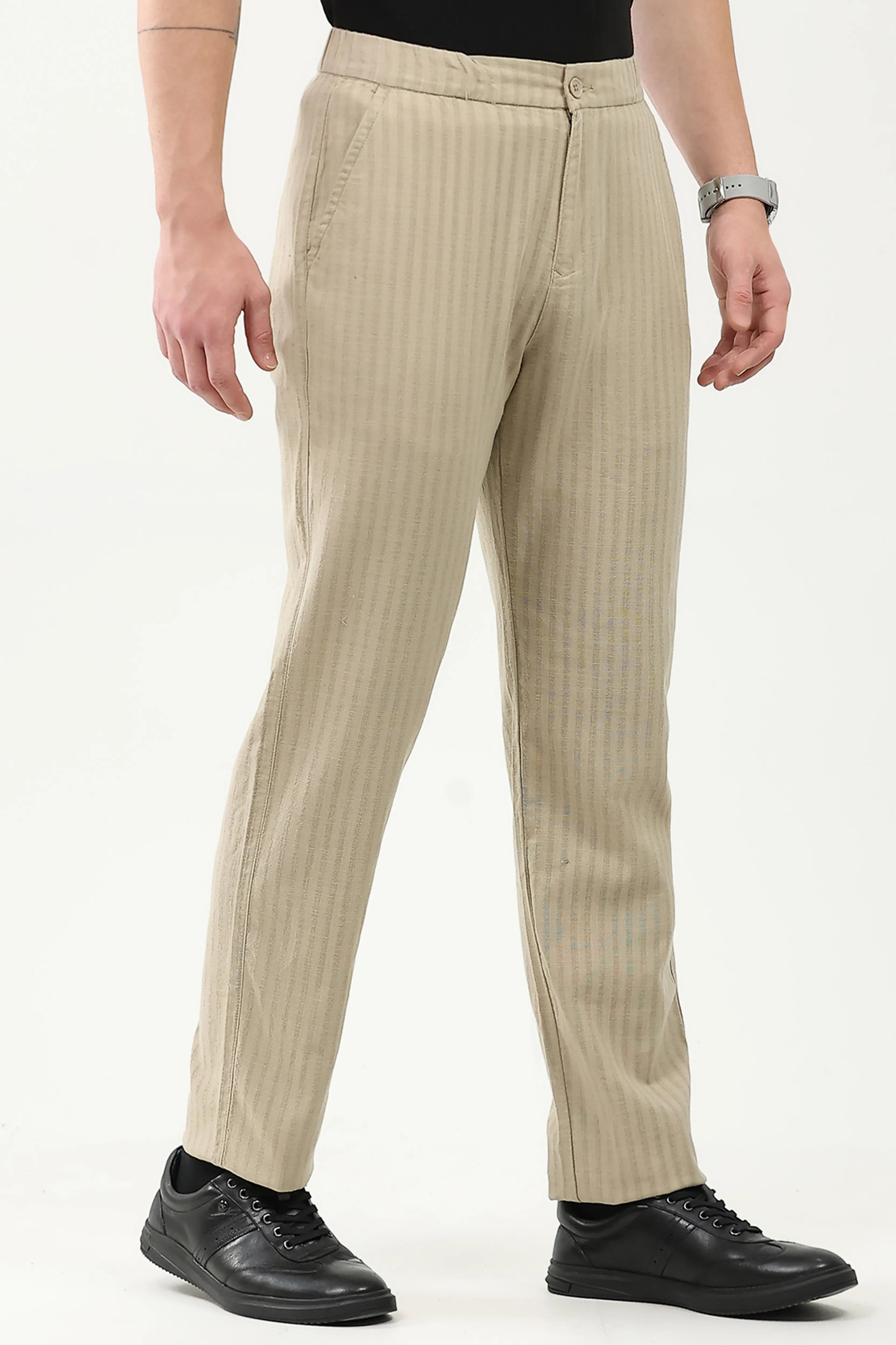 Beige Smart Fit Linen-Blend Trousers
