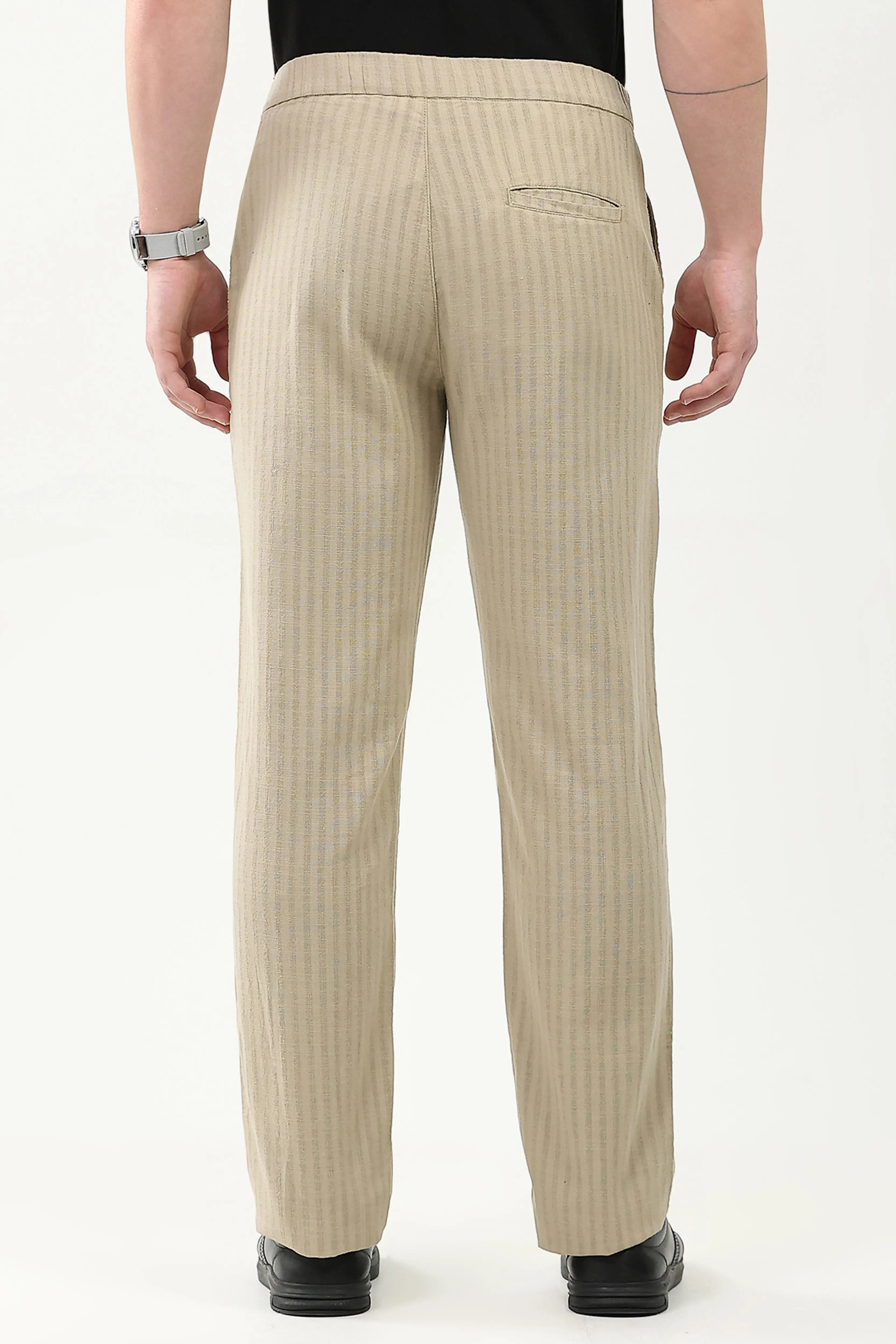 Beige Smart Fit Linen-Blend Trousers