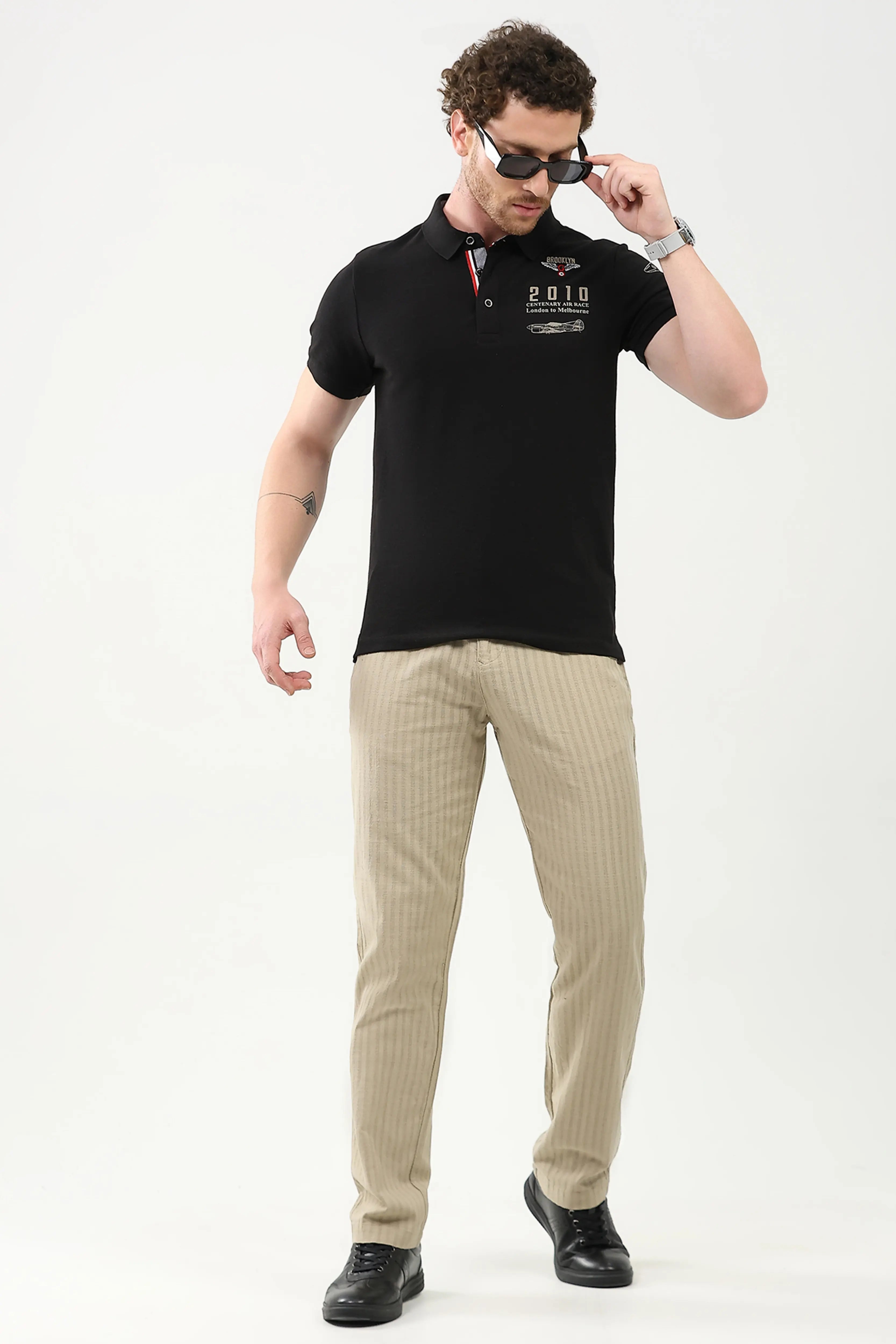 Beige Smart Fit Linen-Blend Trousers