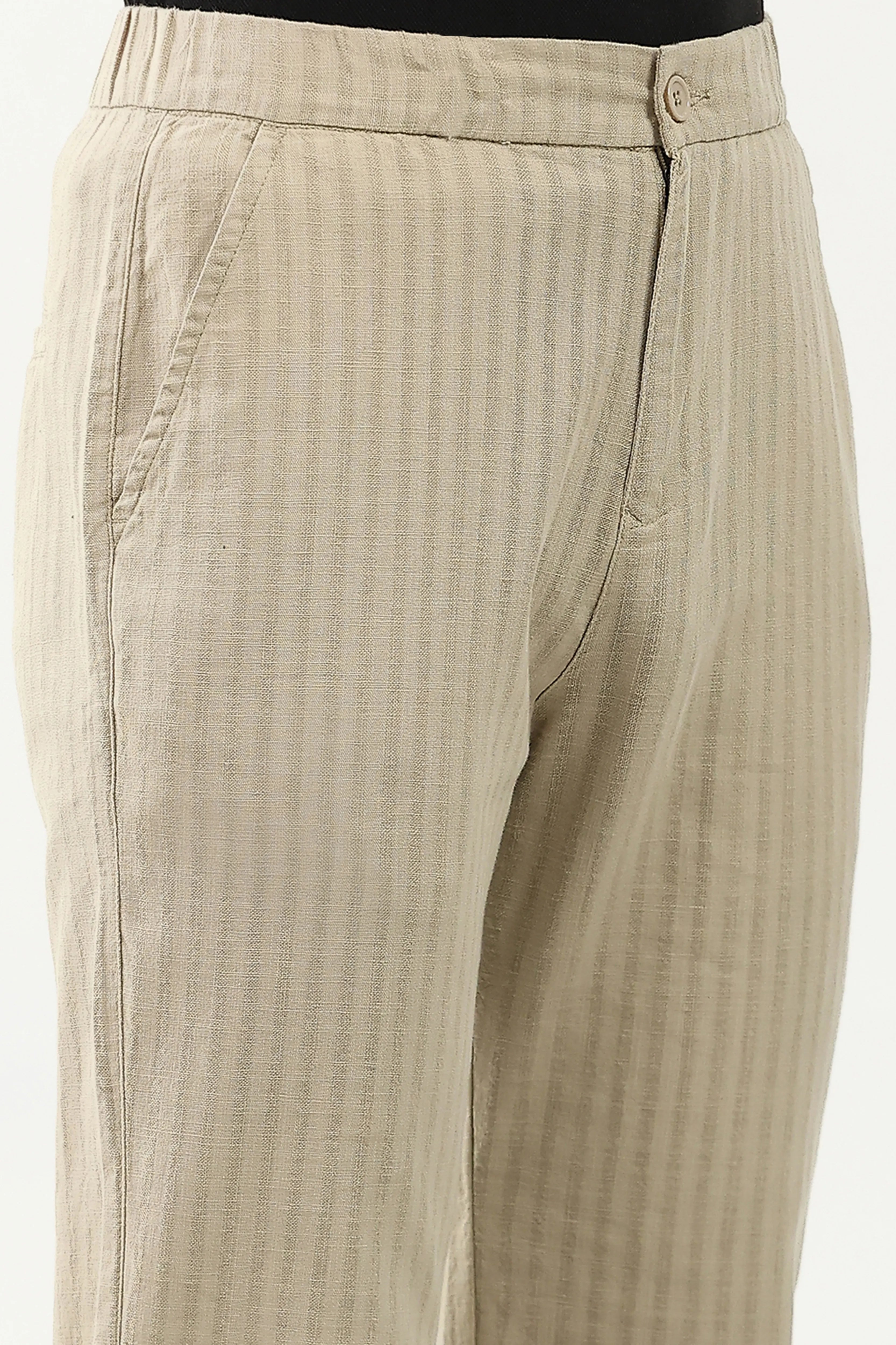 Beige Smart Fit Linen-Blend Trousers - Global Republic