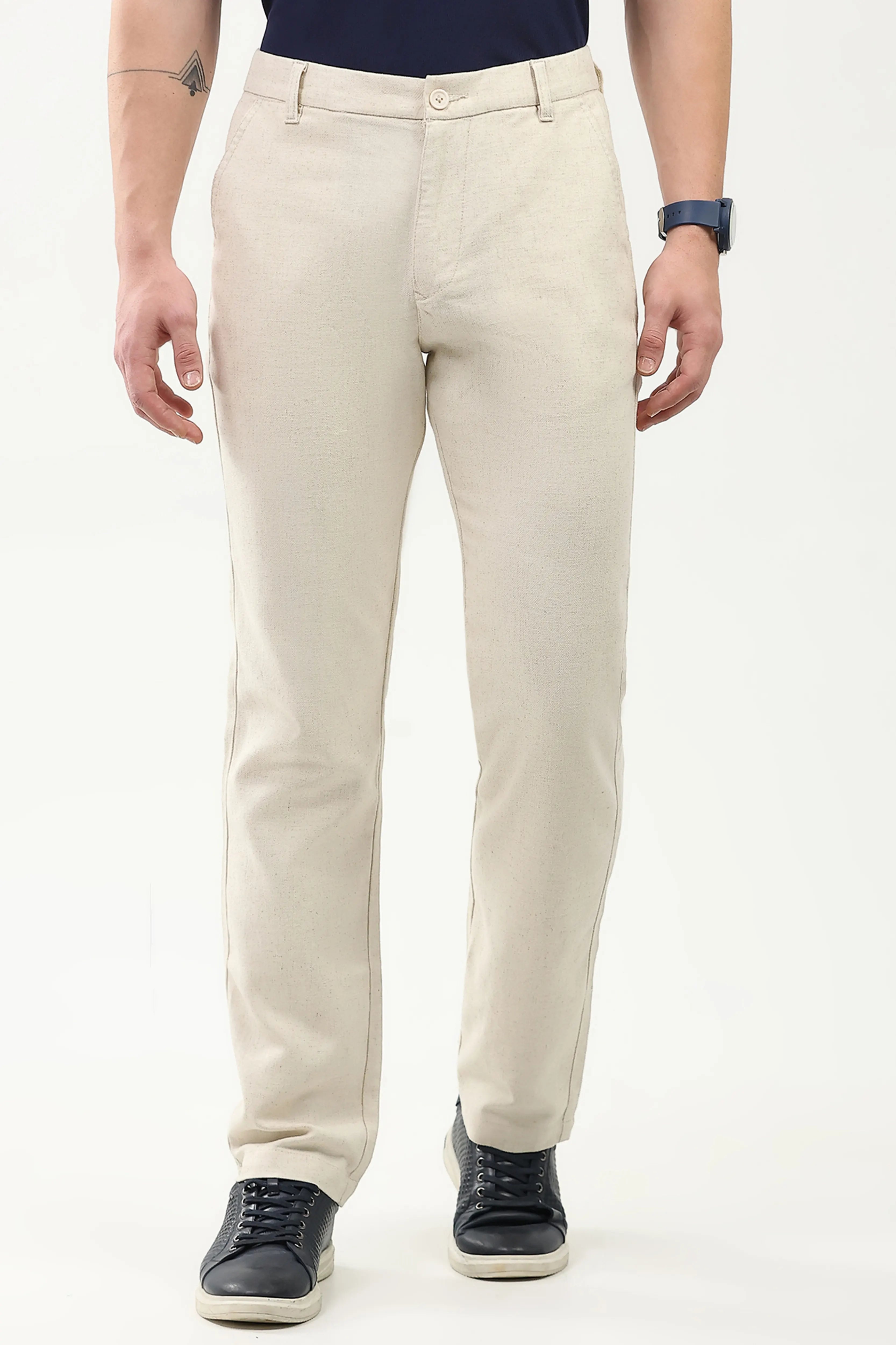Off-White Solid Linen-Blend Trousers