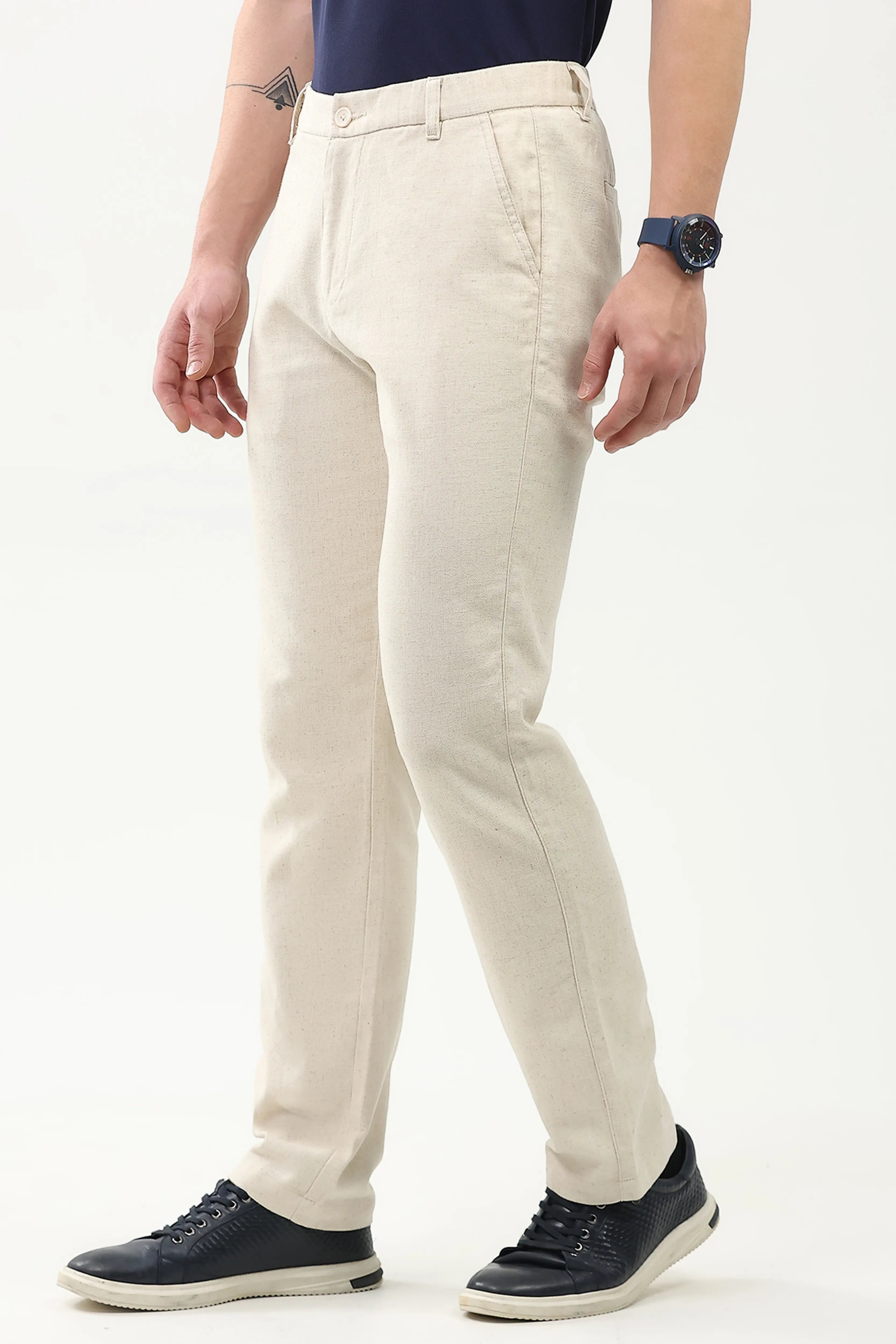 Off-White Solid Linen-Blend Trousers
