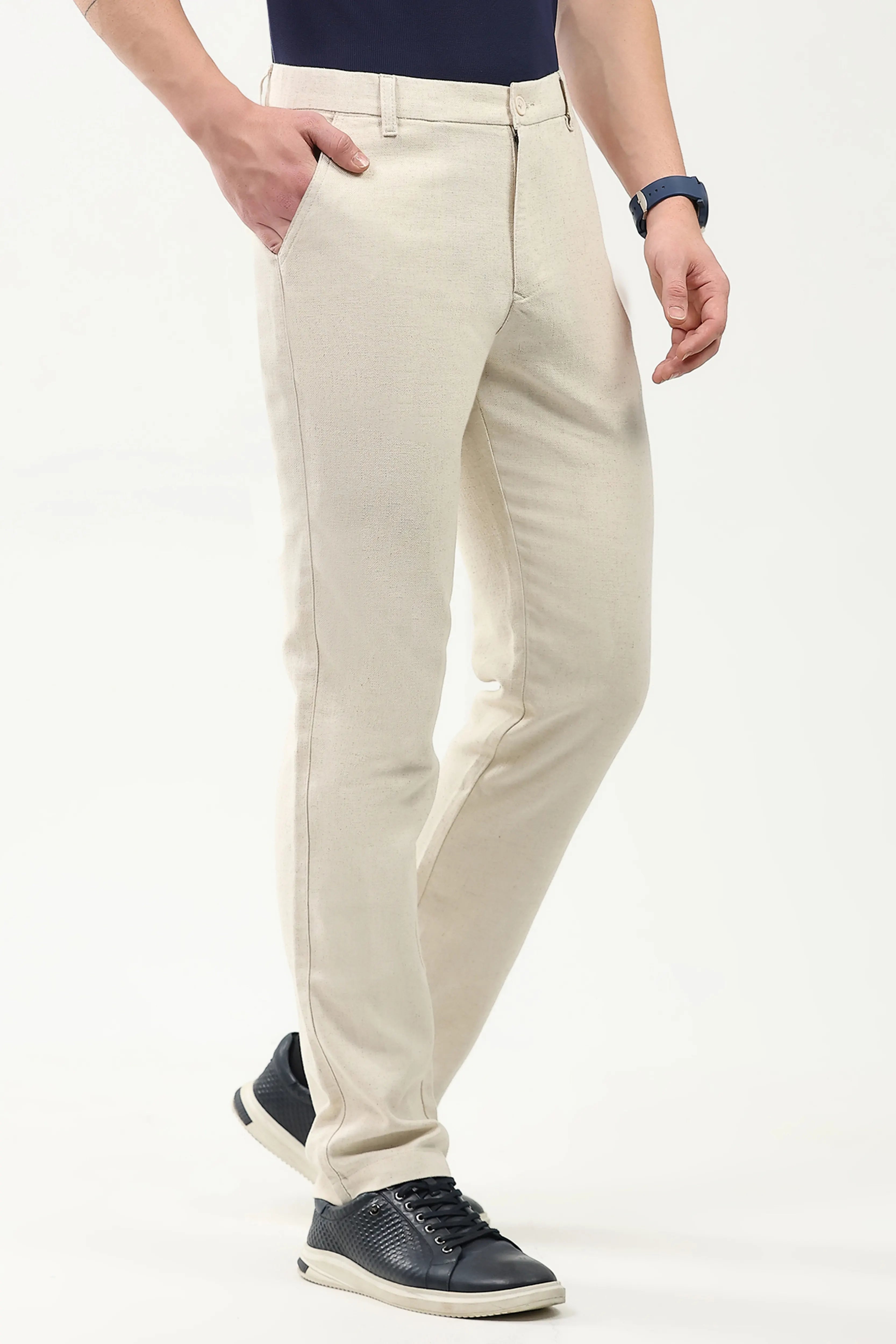 Off-White Solid Linen-Blend Trousers