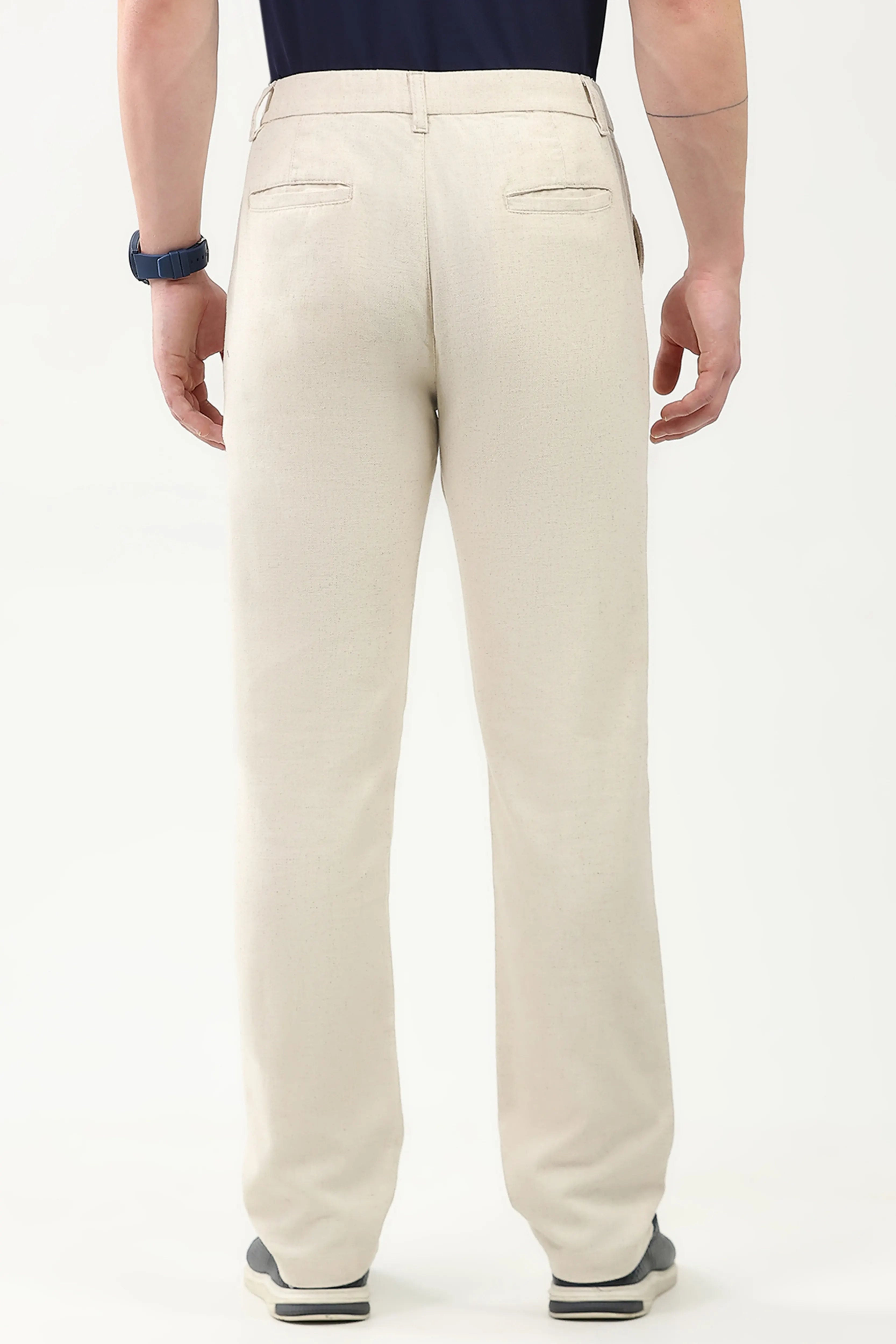 Off-White Solid Linen-Blend Trousers