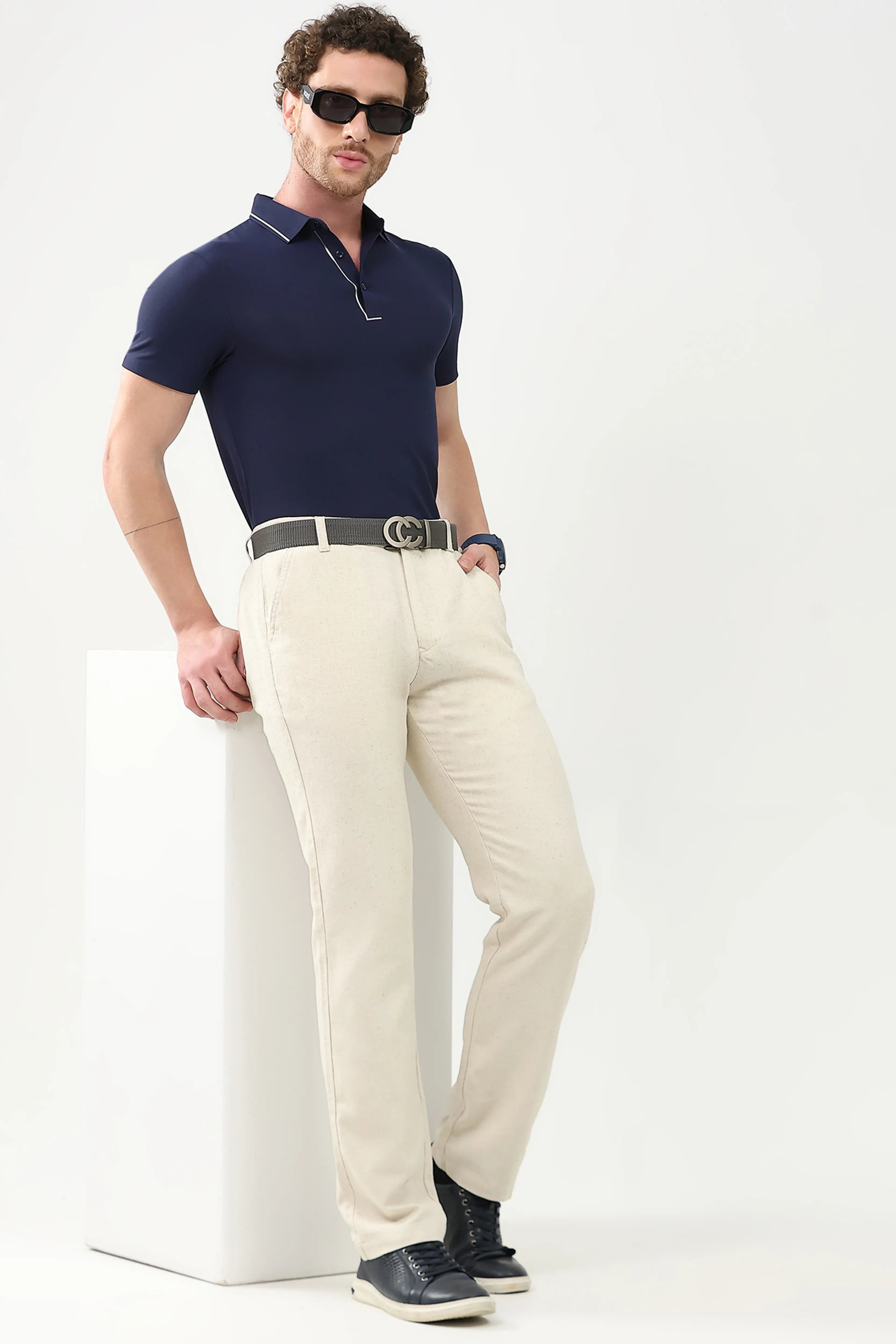 Off-White Solid Linen-Blend Trousers