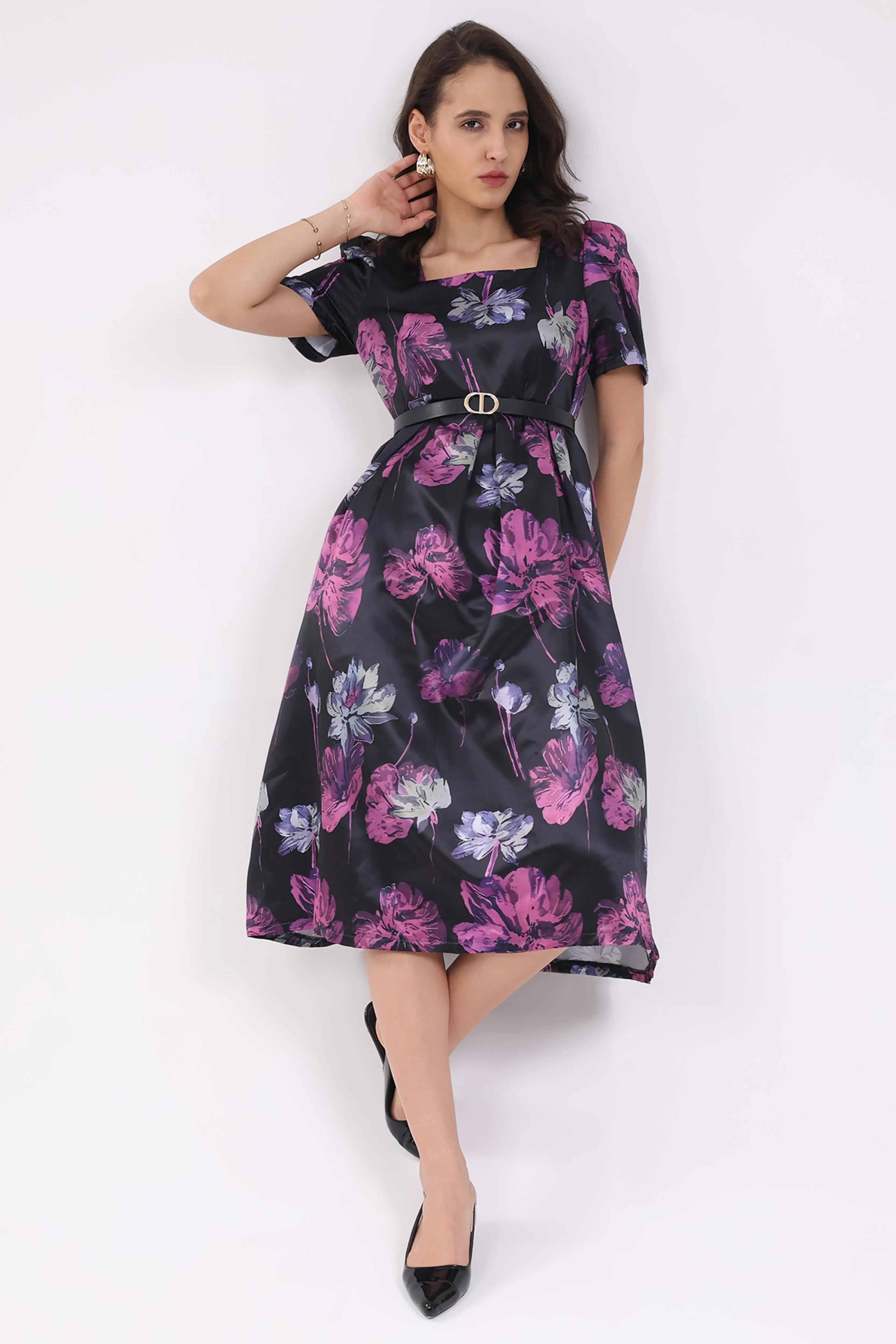 Black Floral Fit & Flare Midi Dress