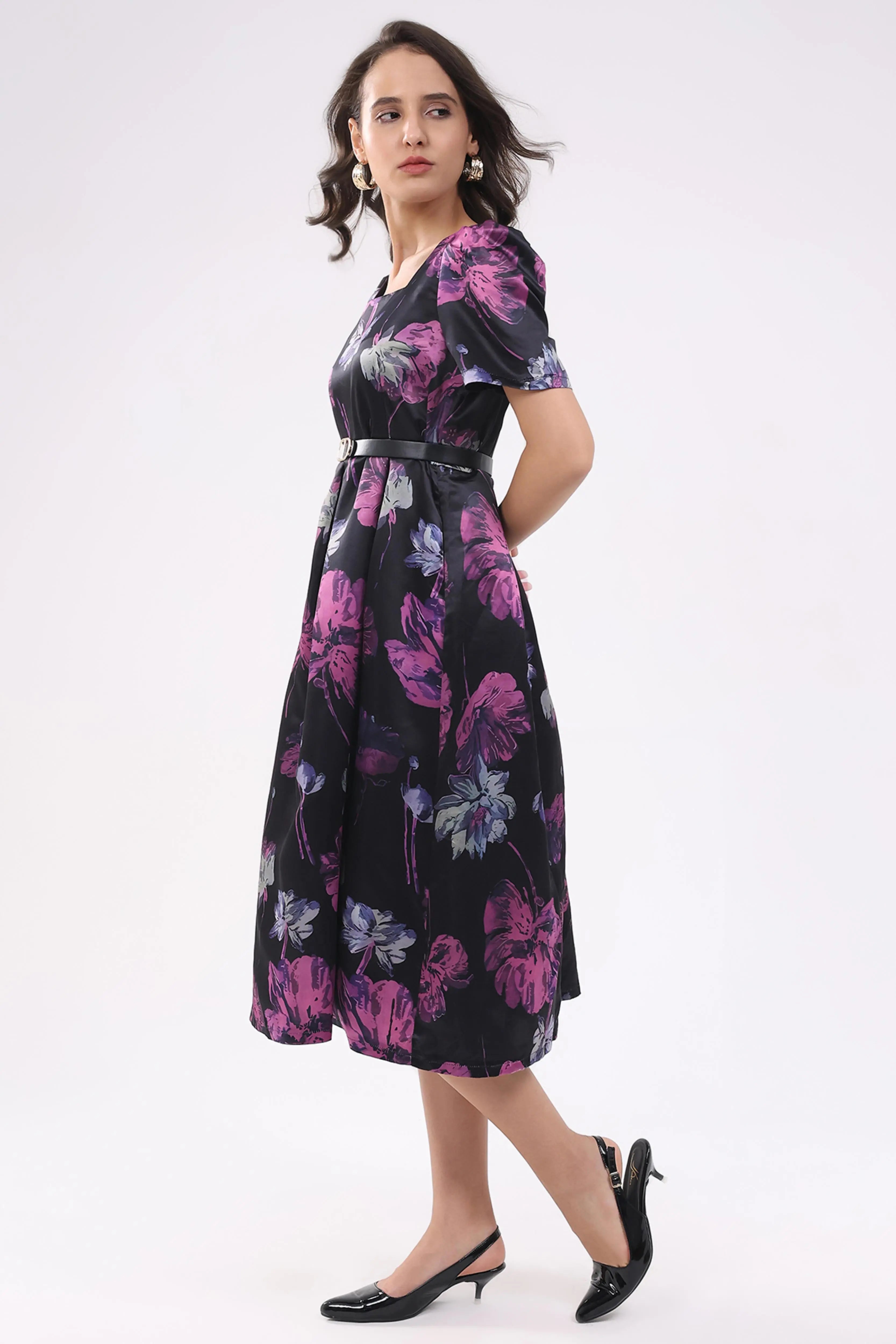 Black Floral Fit & Flare Midi Dress