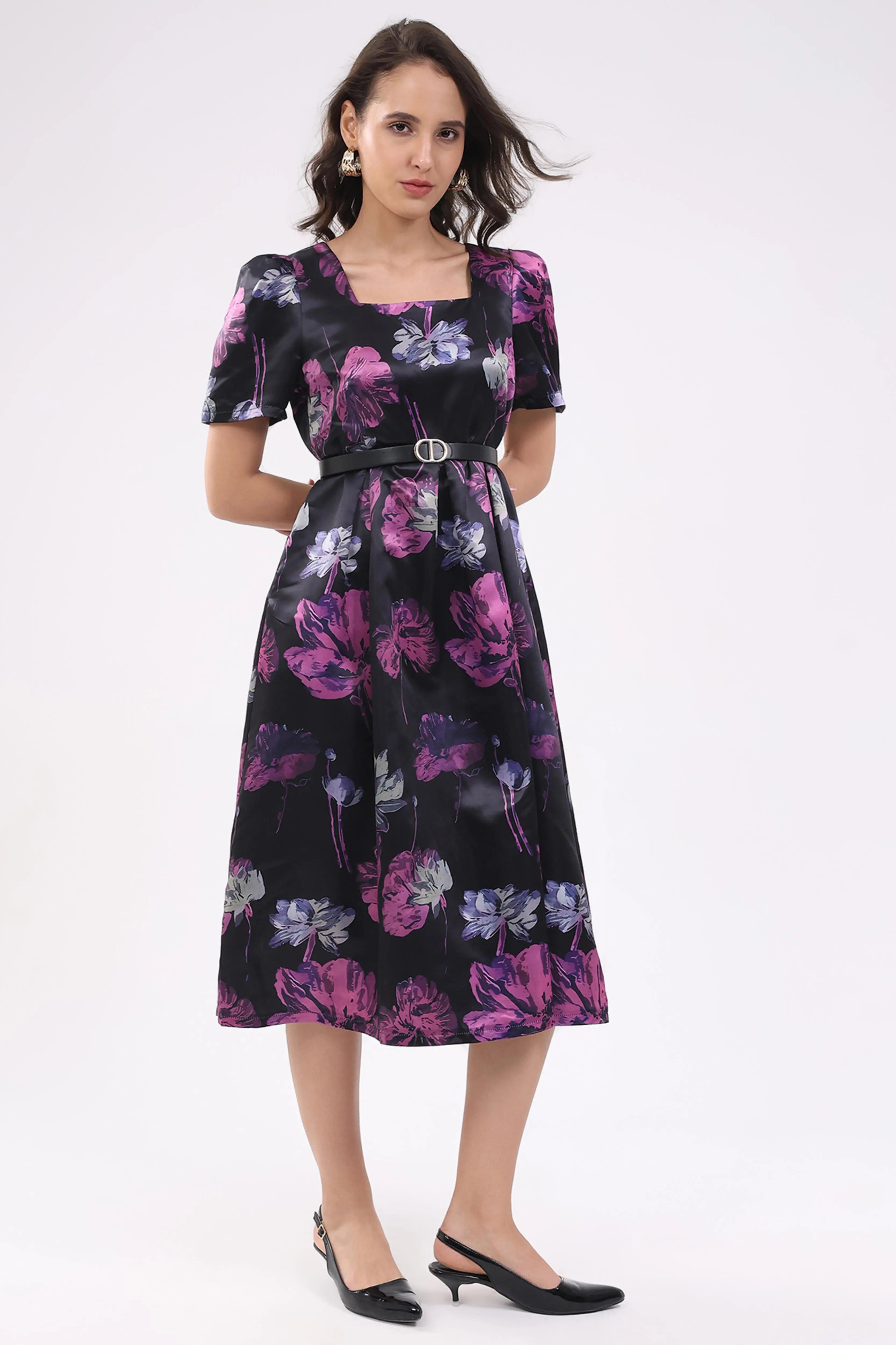 Black Floral Fit & Flare Midi Dress