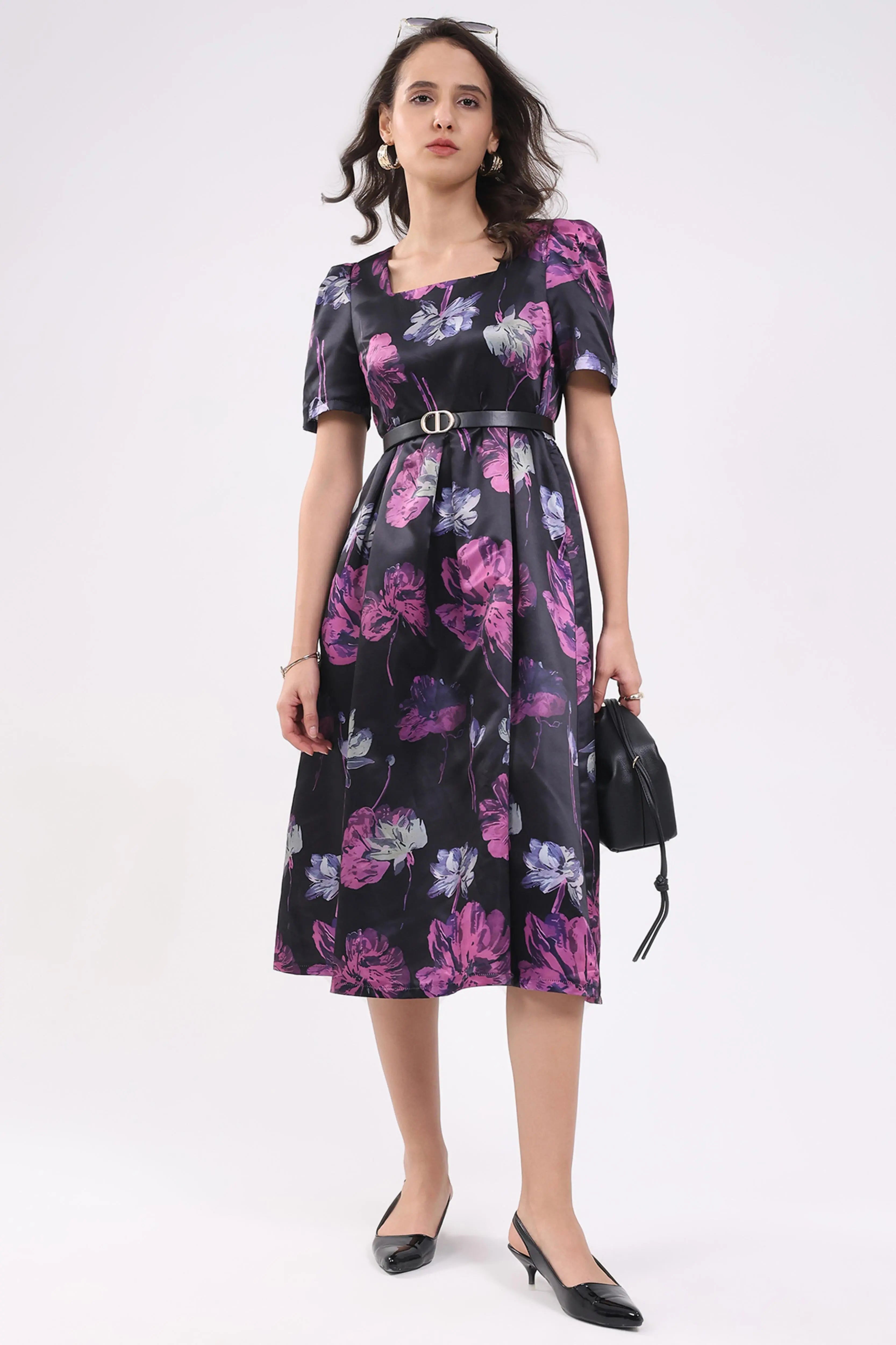 Black Floral Fit & Flare Midi Dress