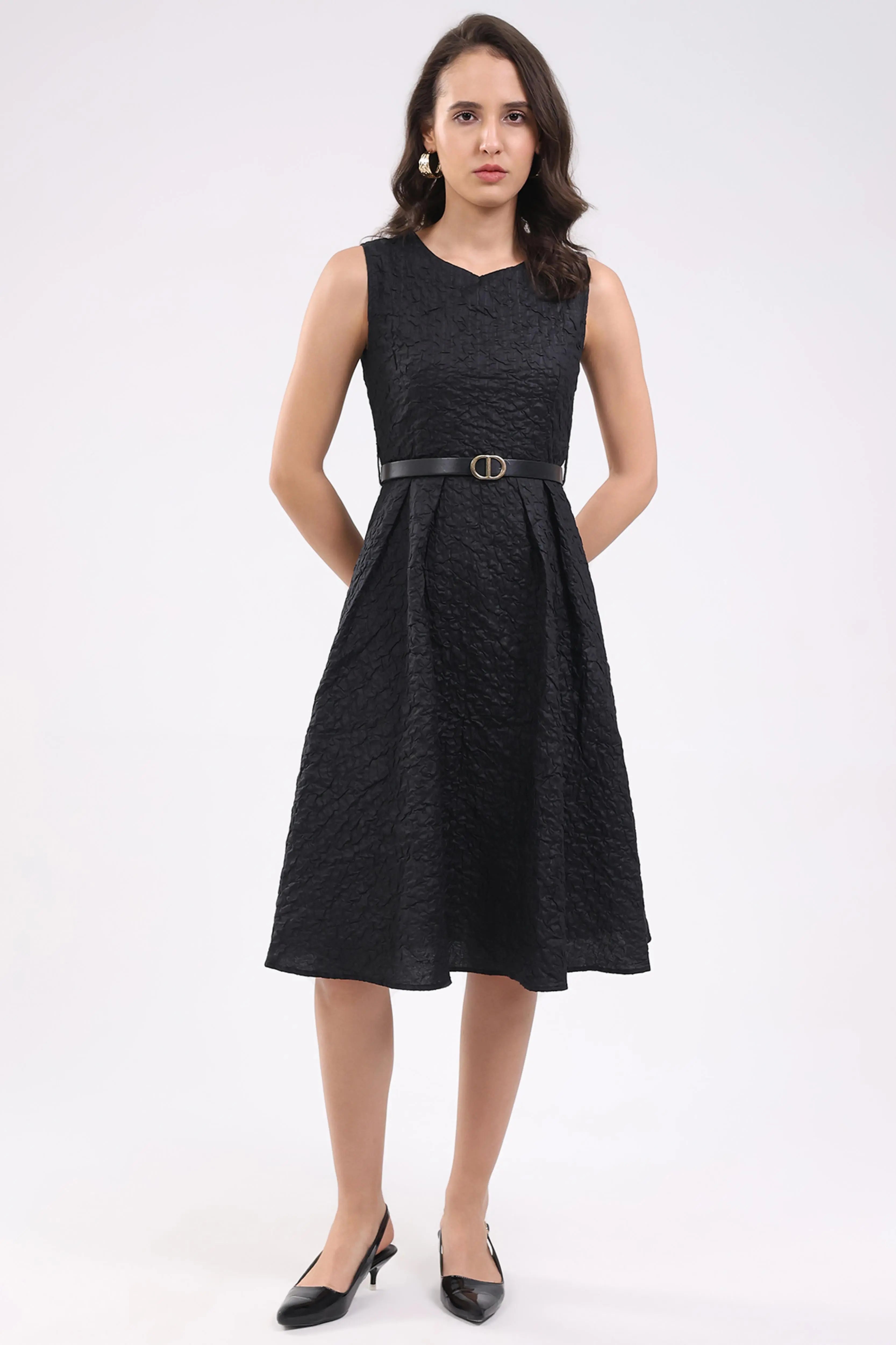 Black Fit & Flare Textured Midi Dress - Global Republic